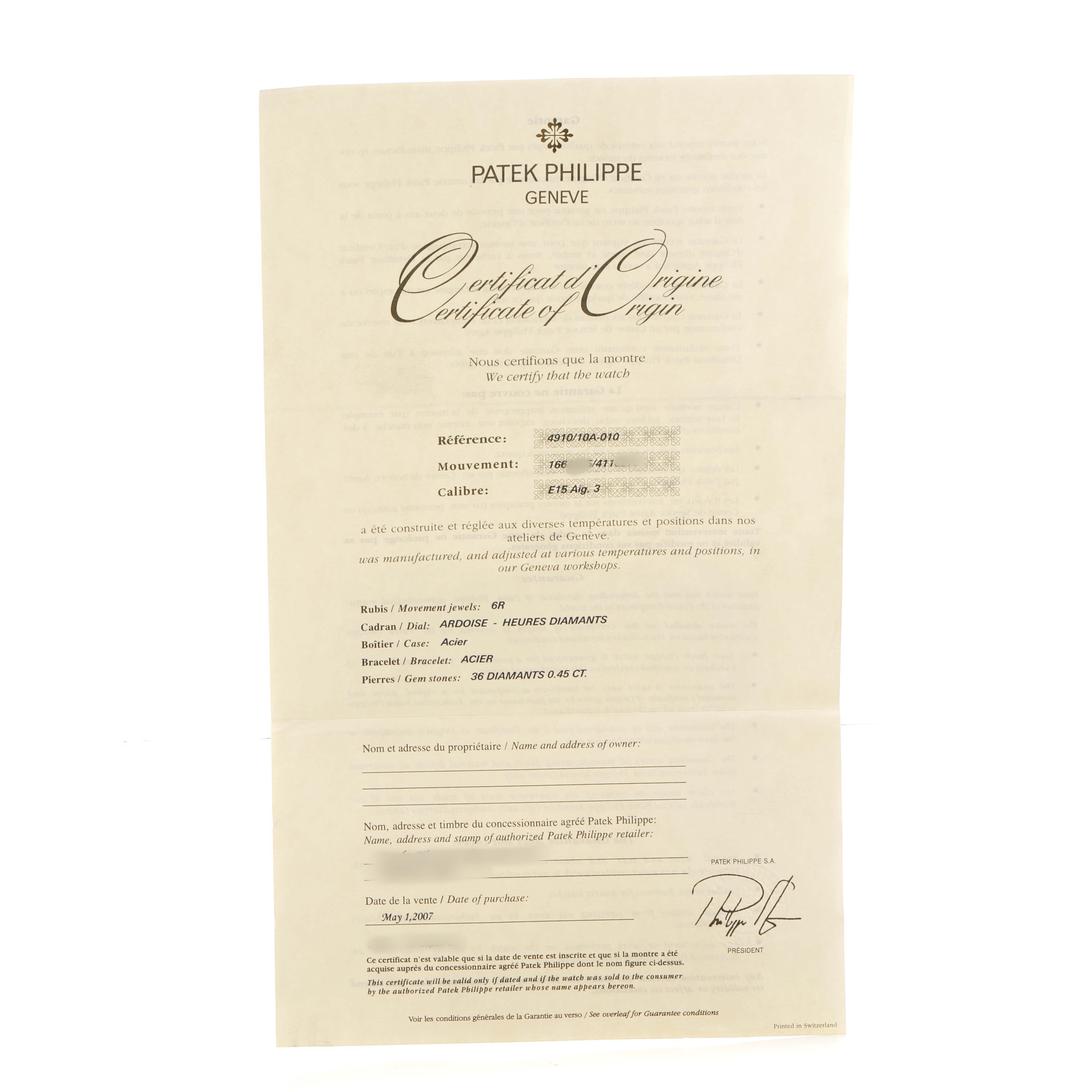 The image shows a Certificate of Origin for the Patek Philippe Twenty-4 4910A Women's Stainless Steel Silver Dial watch, listing details like reference and caliber.