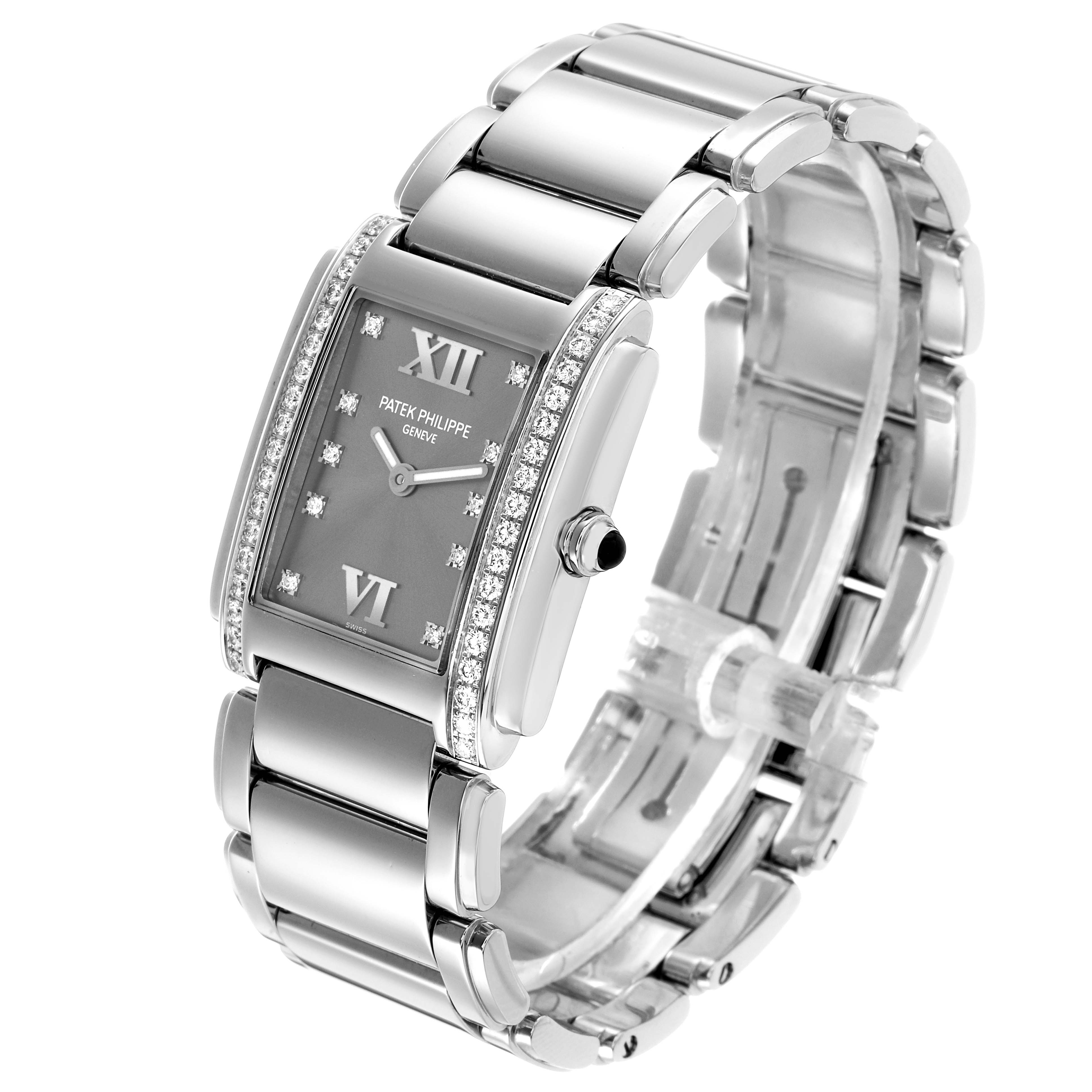 The Patek Philippe Twenty-4 4910A Women's Stainless Steel Silver Dial watch is shown at a three-quarter angle, highlighting its rectangular dial, diamond embellishments, and metal bracelet.