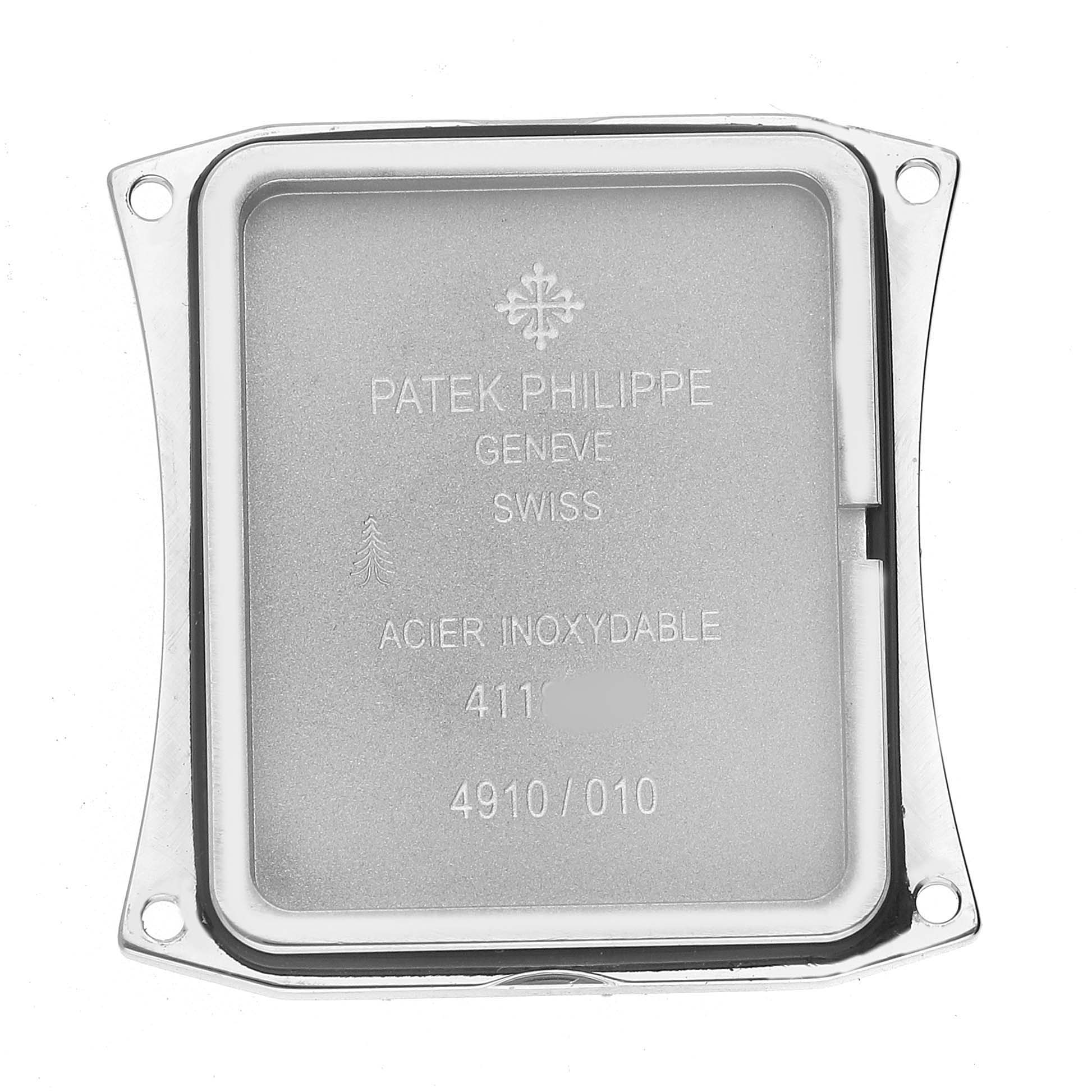 This image shows the back case of the Patek Philippe Twenty-4 4910A Women's Stainless Steel Silver Dial watch, displaying the brand's engraving and model details.