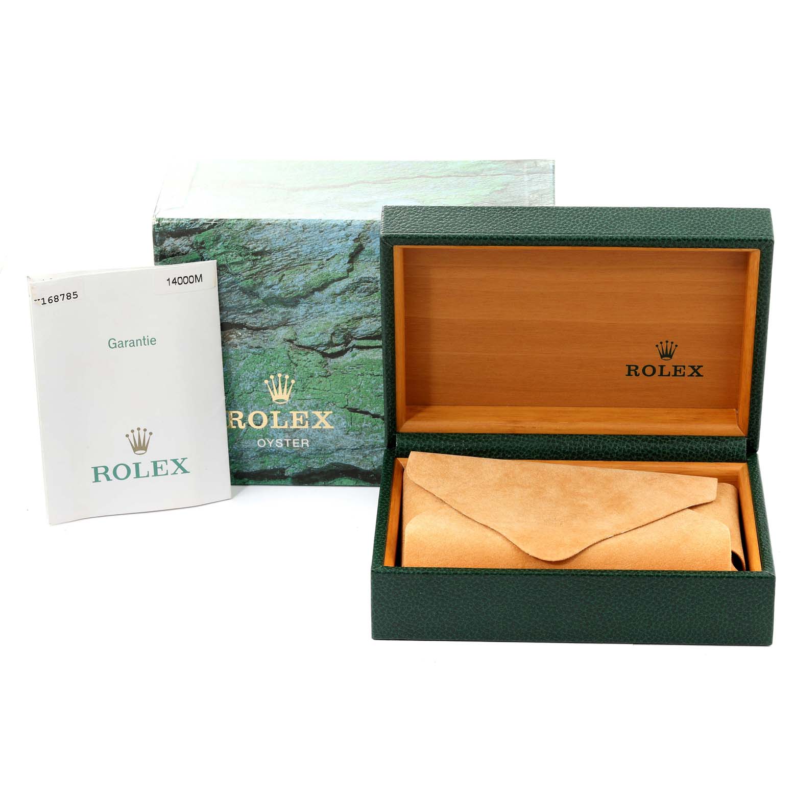 The image shows the packaging and warranty booklet for a Rolex Air-King 14000 Men's Stainless Steel Blue Dial 14000 Men's Stainless Steel Blue Dial, including a green box with a wooden interior and a document.