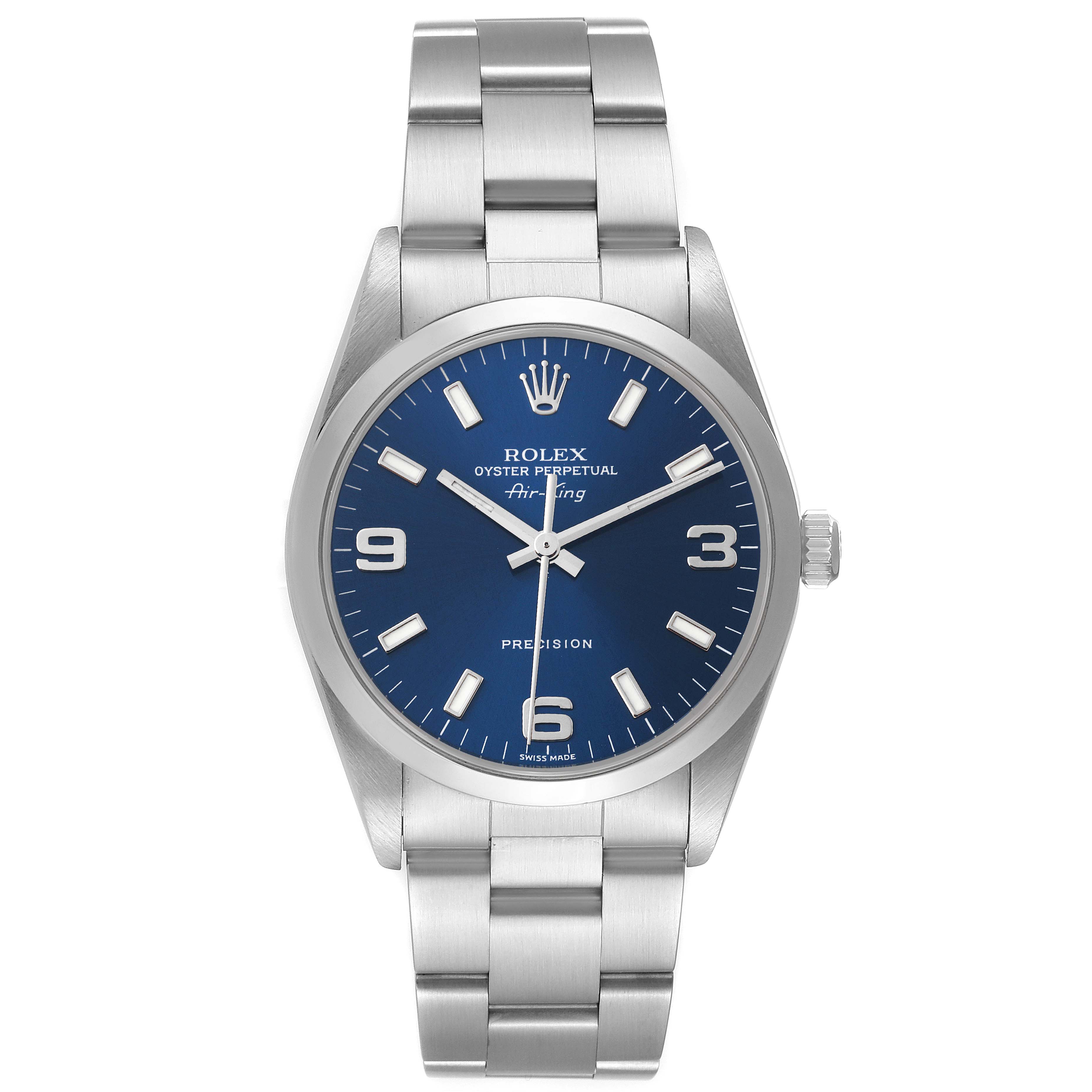 The image shows a frontal view of a Rolex Air-King 14000 Men's Stainless Steel Blue Dial 14000 Men's Stainless Steel Blue Dial watch, displaying the dial, bezel, bracelet, and crown.