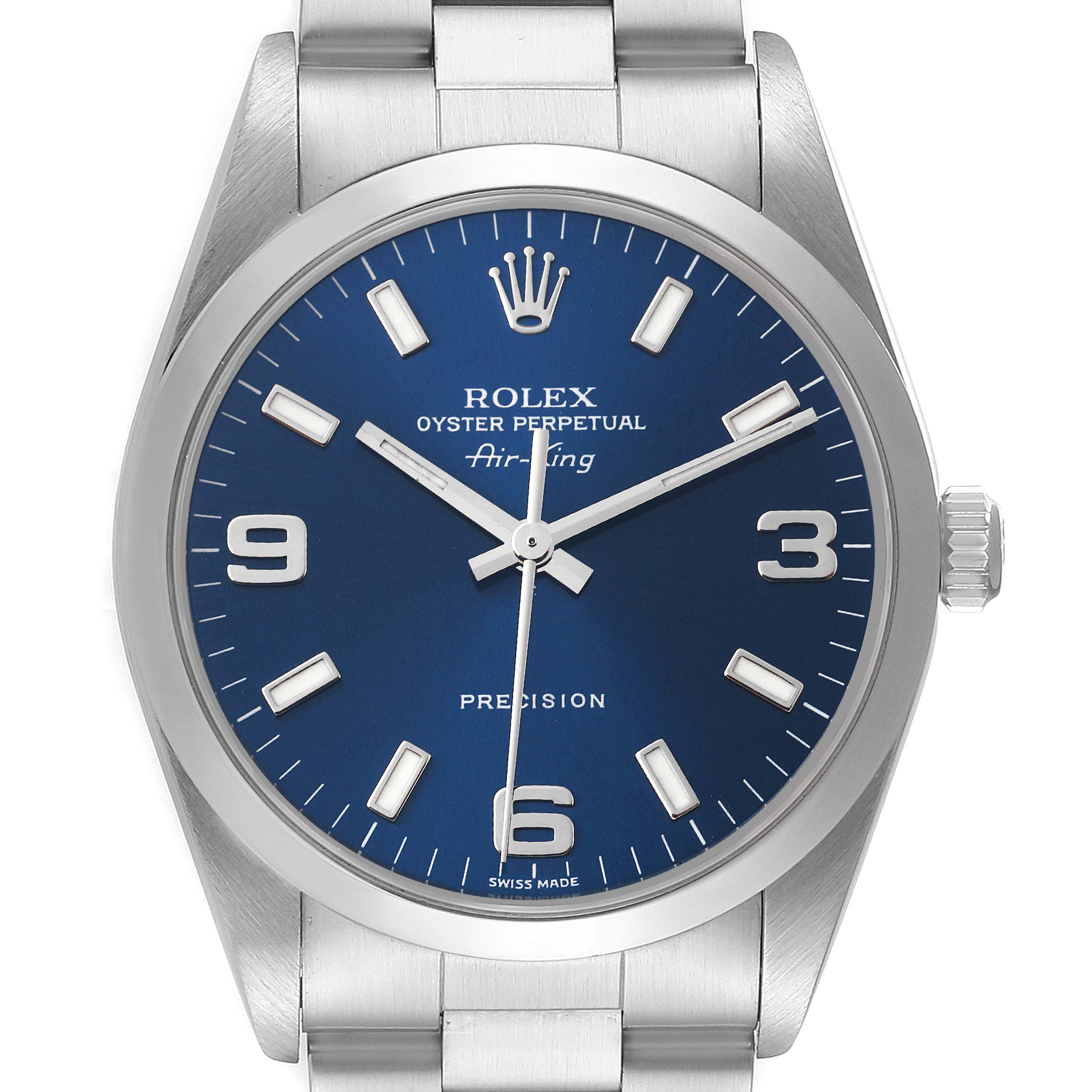 The image shows a front view of the Rolex Air-King 14000 Men's Stainless Steel Blue Dial 14000 Men's Stainless Steel Blue Dial watch, highlighting its blue dial, crown, and stainless steel bracelet.