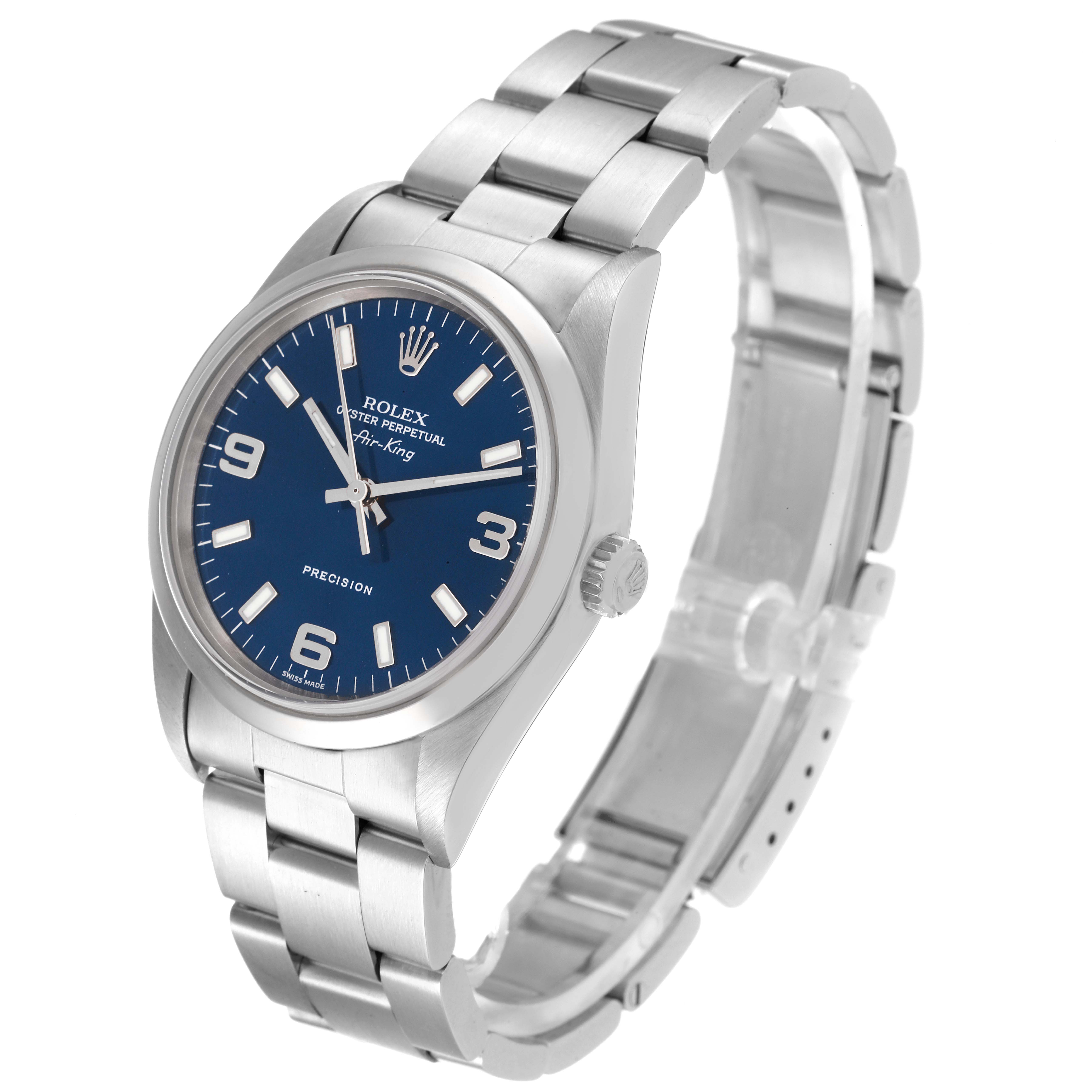 This image shows a Rolex Air-King 14000 Men's Stainless Steel Blue Dial 14000 Men's Stainless Steel Blue Dial watch at a slight angle, highlighting its blue dial, silver bracelet, and crown.