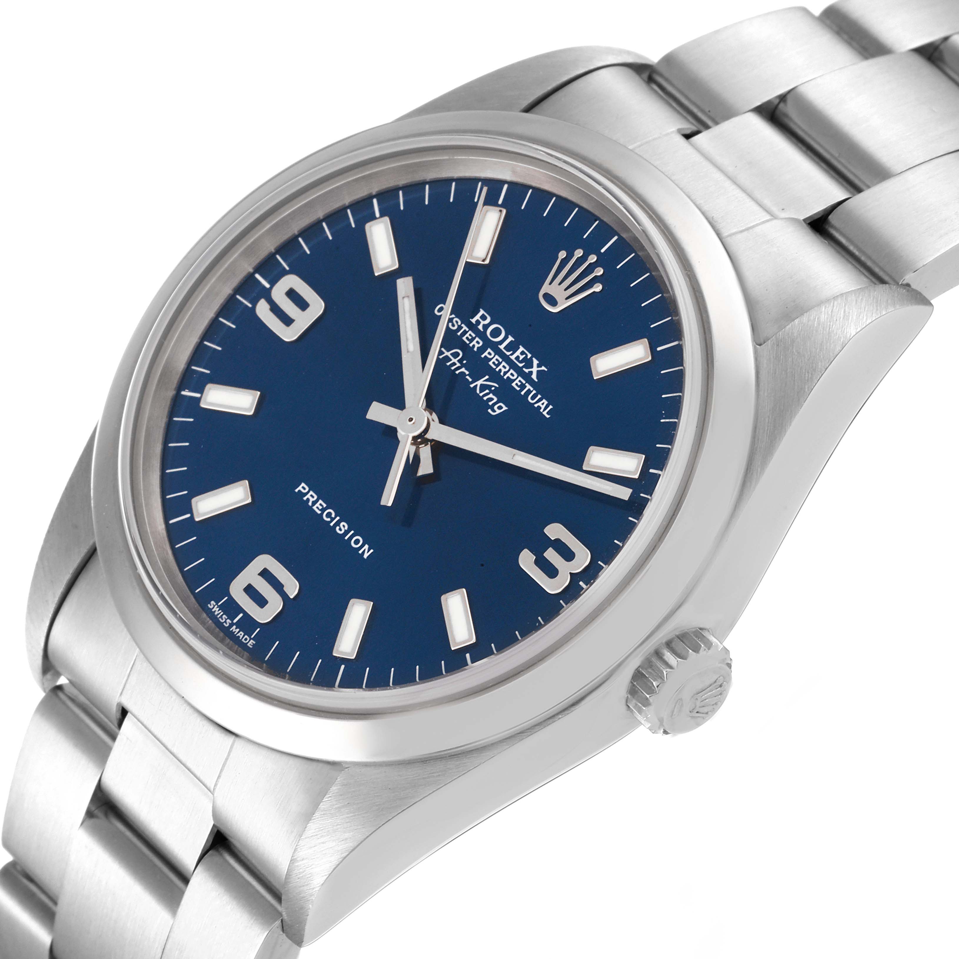 The image shows a Rolex Air-King 14000 Men's Stainless Steel Blue Dial 14000 Men's Stainless Steel Blue Dial watch at a front-left angle, highlighting the dial, case, crown, and part of the bracelet.
