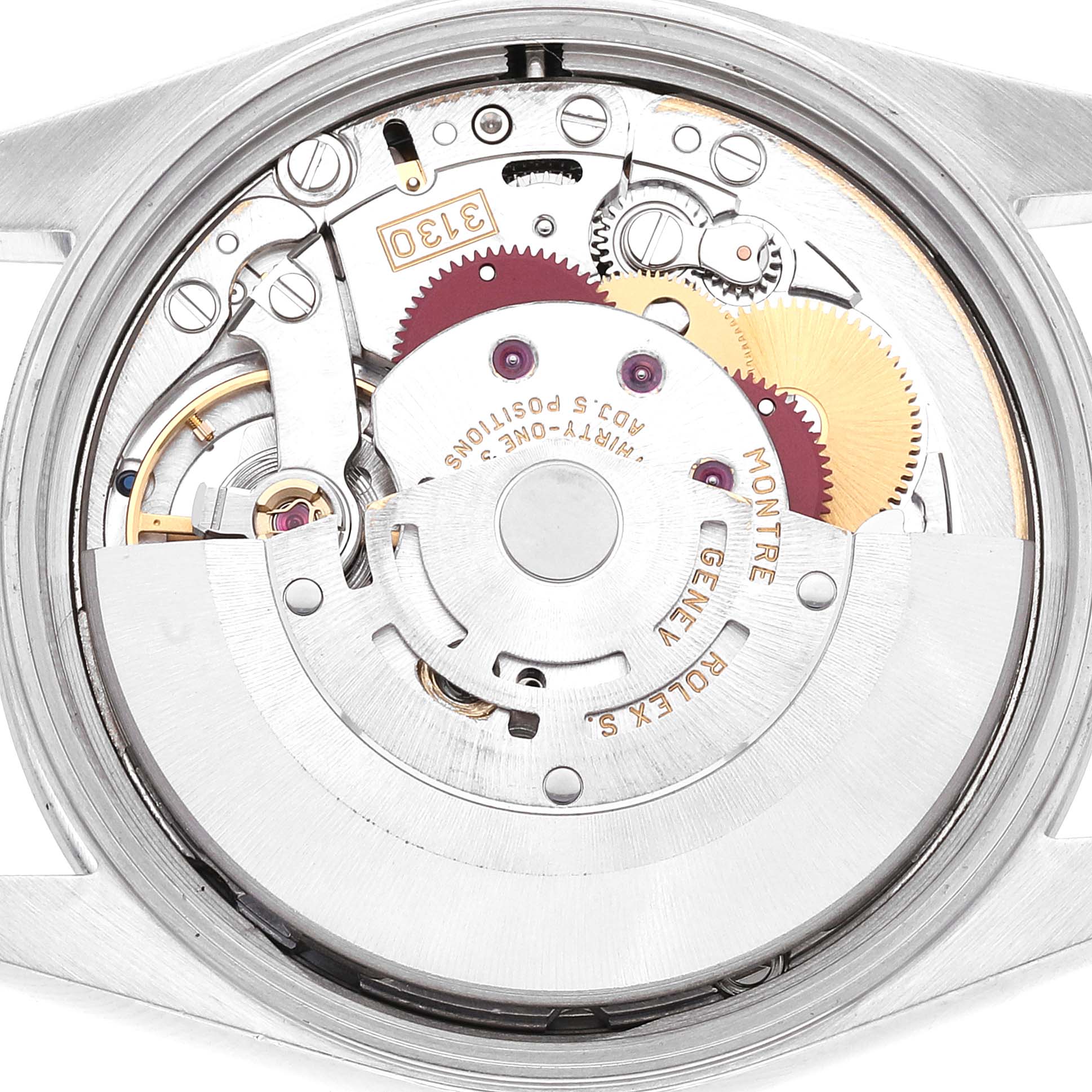 The image shows the inner mechanics of a Rolex Air-King 14000 Men's Stainless Steel Blue Dial 14000 Men's Stainless Steel Blue Dial watch, focused on its movement and gears.