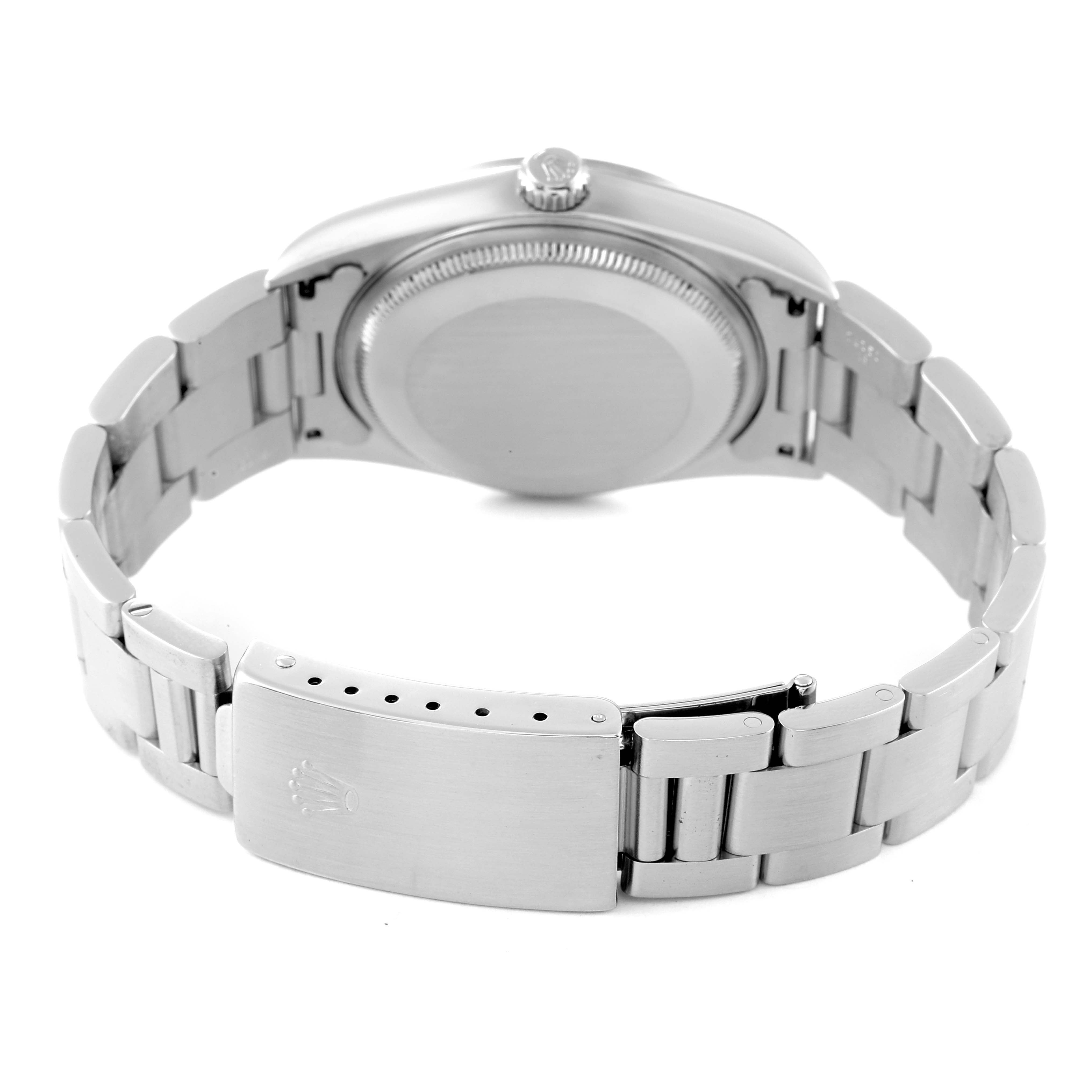 The image shows the back view of a Rolex Air-King 14000 Men's Stainless Steel Blue Dial 14000 Men's Stainless Steel Blue Dial watch, highlighting the case, crown, and bracelet with clasp.