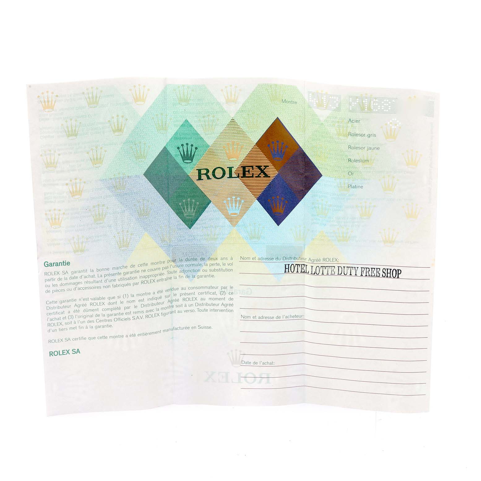 This image shows the warranty card and certificate for the Rolex Air-King 14000 Men's Stainless Steel Blue Dial 14000 Men's Stainless Steel Blue Dial watch.