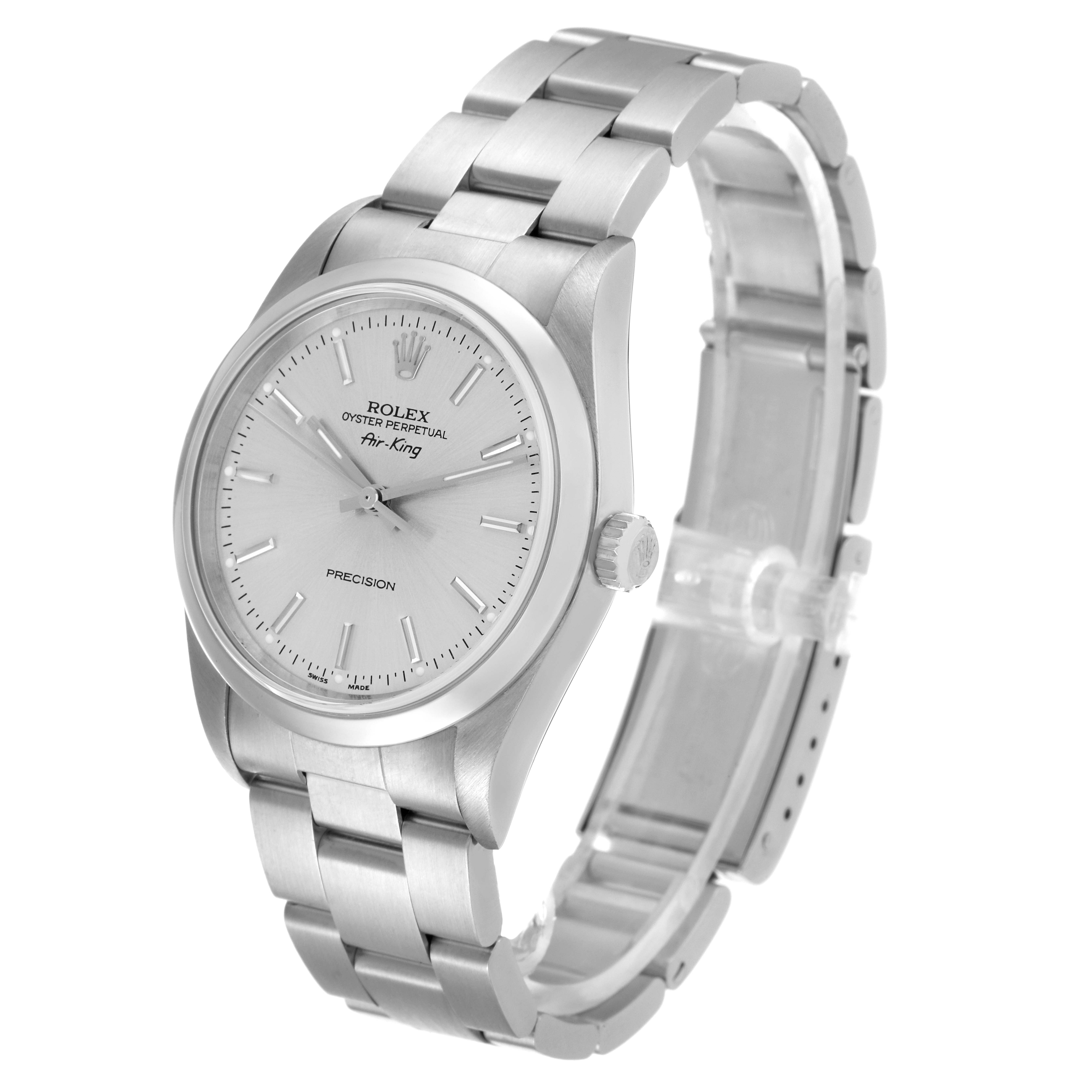 The image shows a side angle of the Rolex Air-King 47397 Men's Stainless Steel Silver Dial 47397 Men's Stainless Steel Silver Dial watch, displaying its face, bezel, crown, and bracelet.