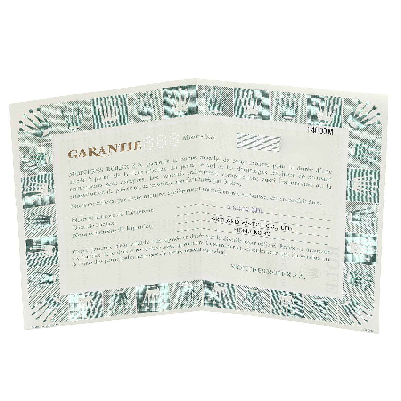 The image shows an open warranty card for a Rolex Air-King 47397 Men's Stainless Steel Silver Dial 47397 Men's Stainless Steel Silver Dial watch, detailing purchase information and warranty coverage.