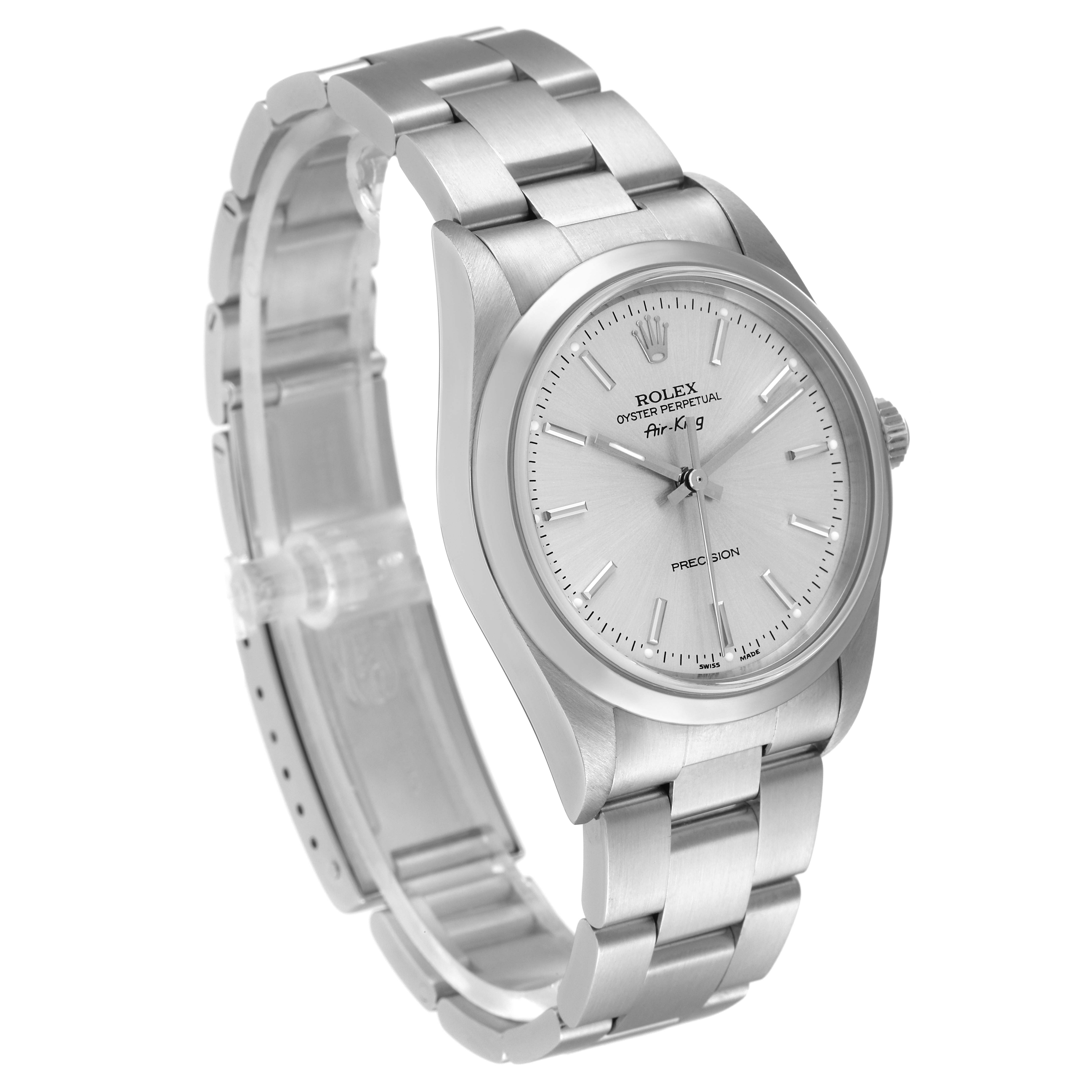 The Rolex Air-King 47397 Men's Stainless Steel Silver Dial 47397 Men's Stainless Steel Silver Dial watch is shown at an angle highlighting the face, bezel, and metal strap.