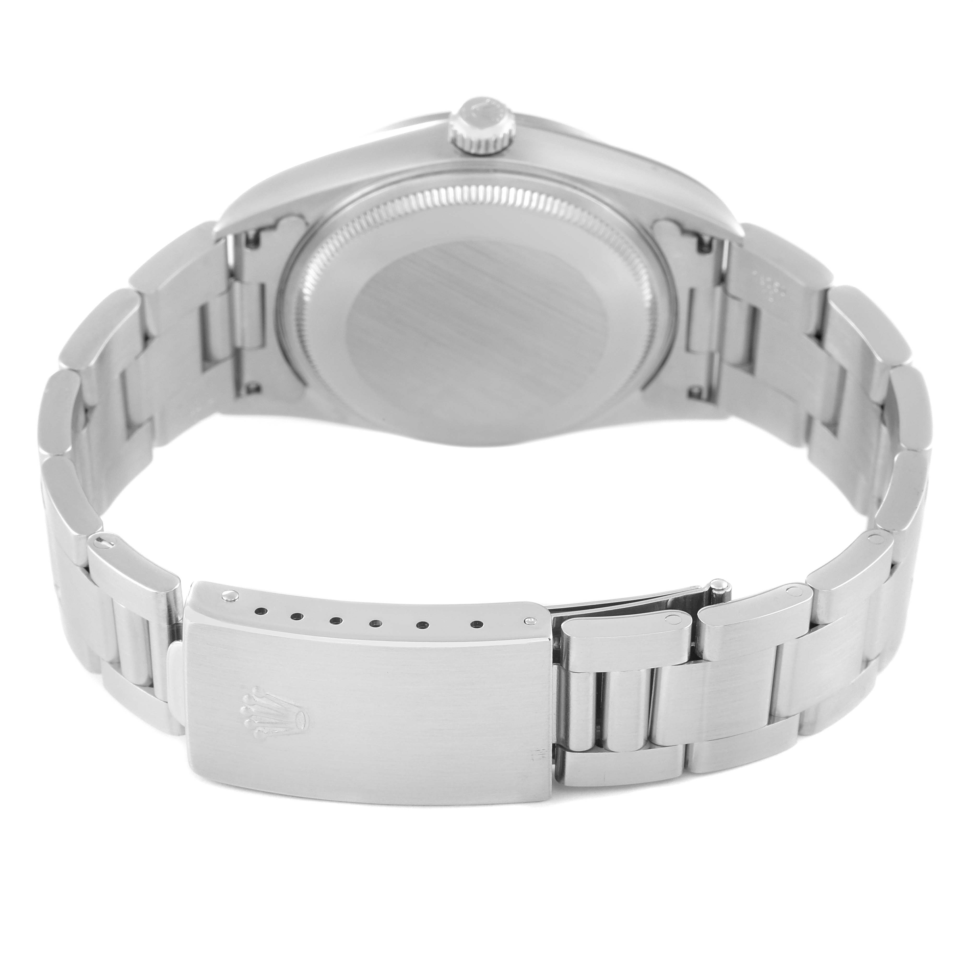 The image shows the back view of the Rolex Air-King 47397 Men's Stainless Steel Silver Dial 47397 Men's Stainless Steel Silver Dial, highlighting its bracelet and closed clasp.