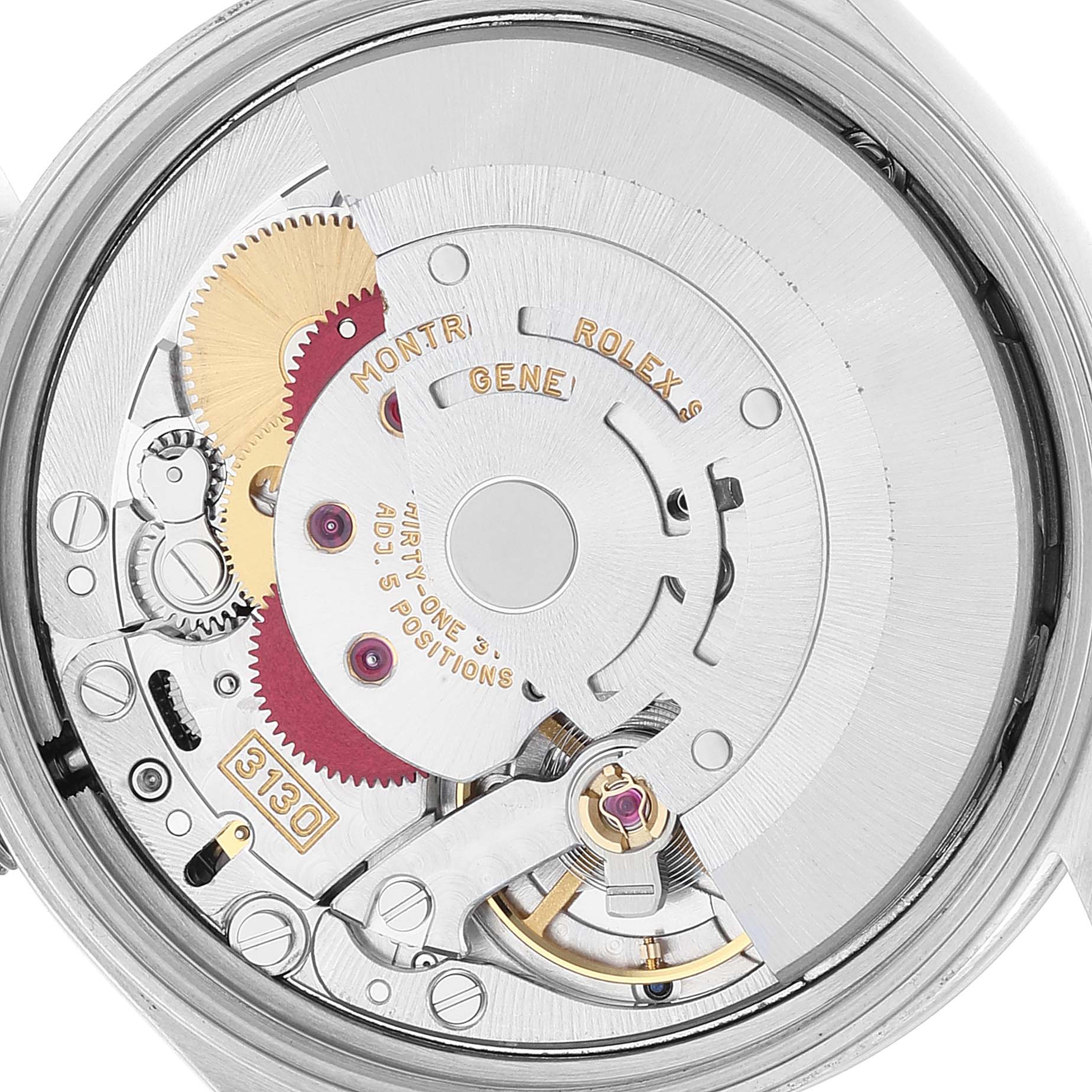 This is an interior view of the Rolex Air-King 47397 Men's Stainless Steel Silver Dial 47397 Men's Stainless Steel Silver Dial watch showing its intricate mechanical movement components.