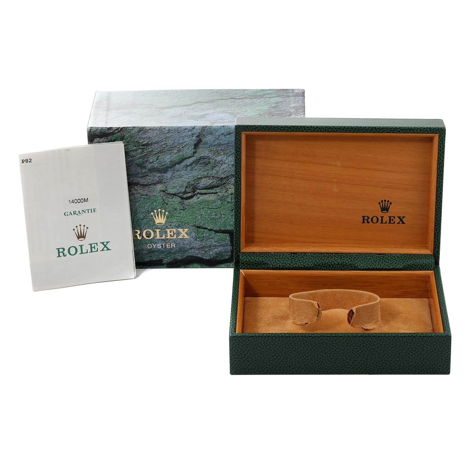 This image shows an open Rolex Air-King 47397 Men's Stainless Steel Silver Dial 47397 Men's Stainless Steel Silver Dial watch box with its outer packaging and a warranty booklet.