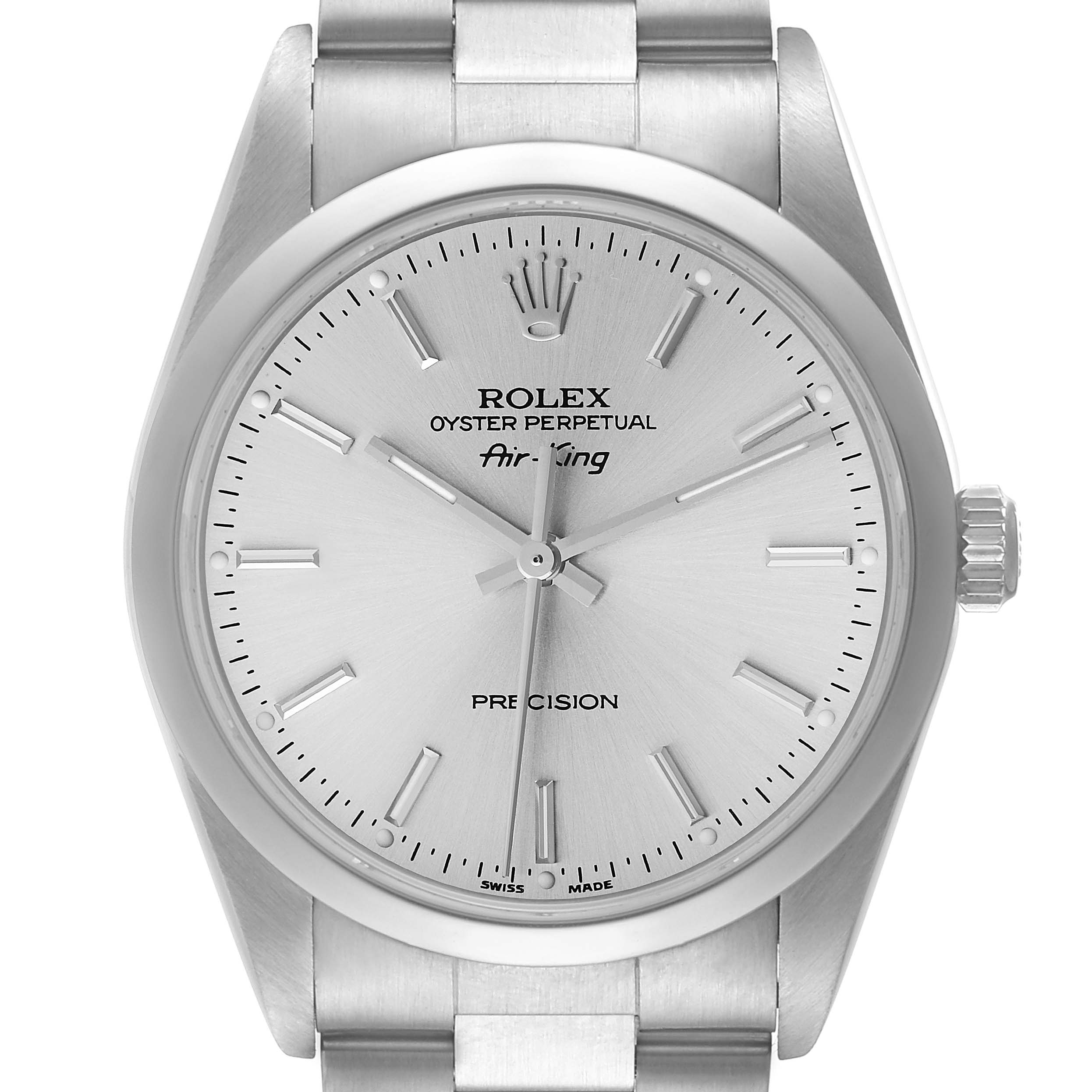 The image shows a frontal view of the Rolex Air-King 47397 Men's Stainless Steel Silver Dial 47397 Men's Stainless Steel Silver Dial watch, highlighting its dial, hands, and bracelet.