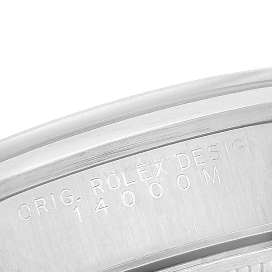 The image shows a close-up of the engraving on the case back of a Rolex Air-King 47397 Men's Stainless Steel Silver Dial 47397 Men's Stainless Steel Silver Dial watch.