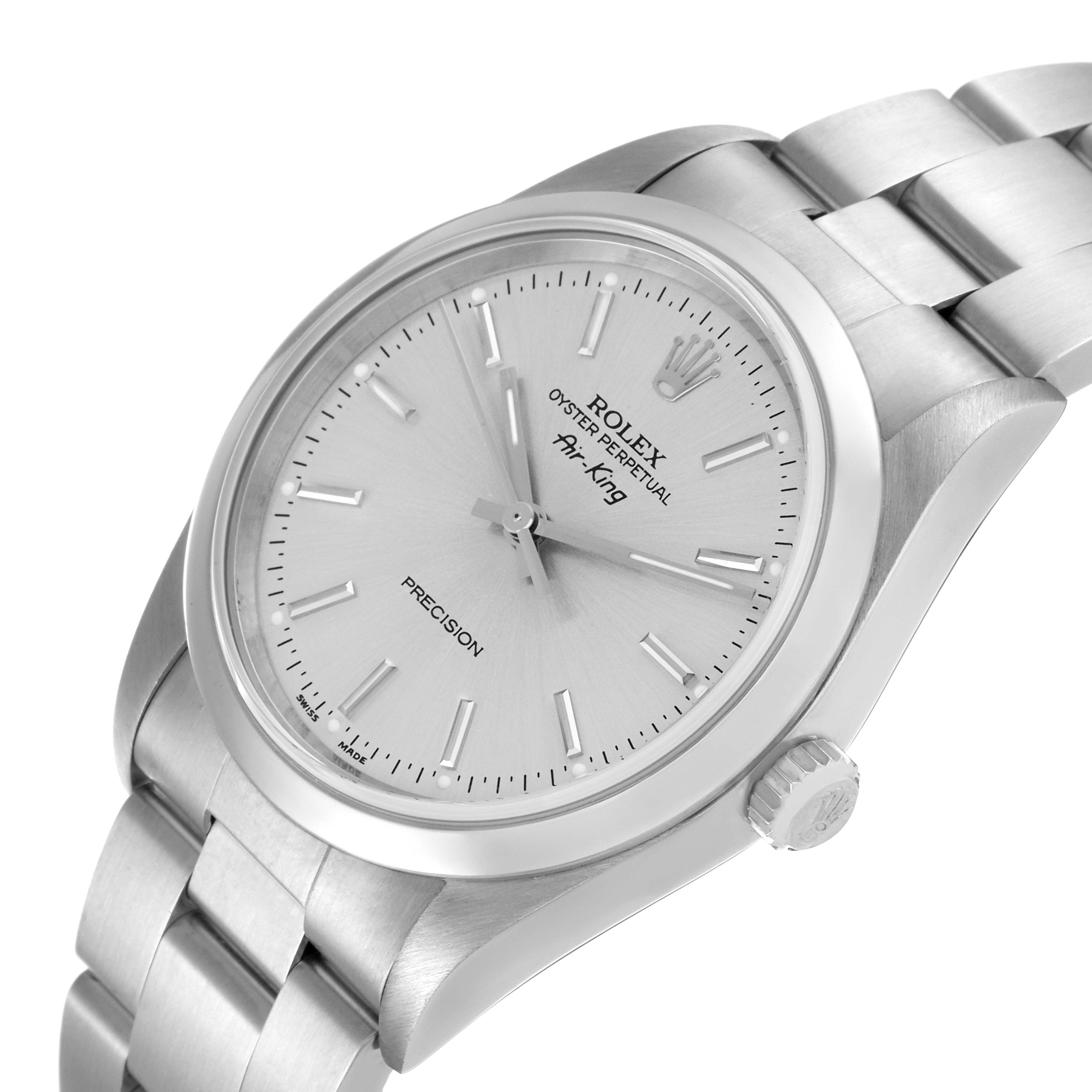 The Rolex Air-King 47397 Men's Stainless Steel Silver Dial 47397 Men's Stainless Steel Silver Dial watch is shown at a slight angle, highlighting the dial, bezel, case, crown, and part of the bracelet.