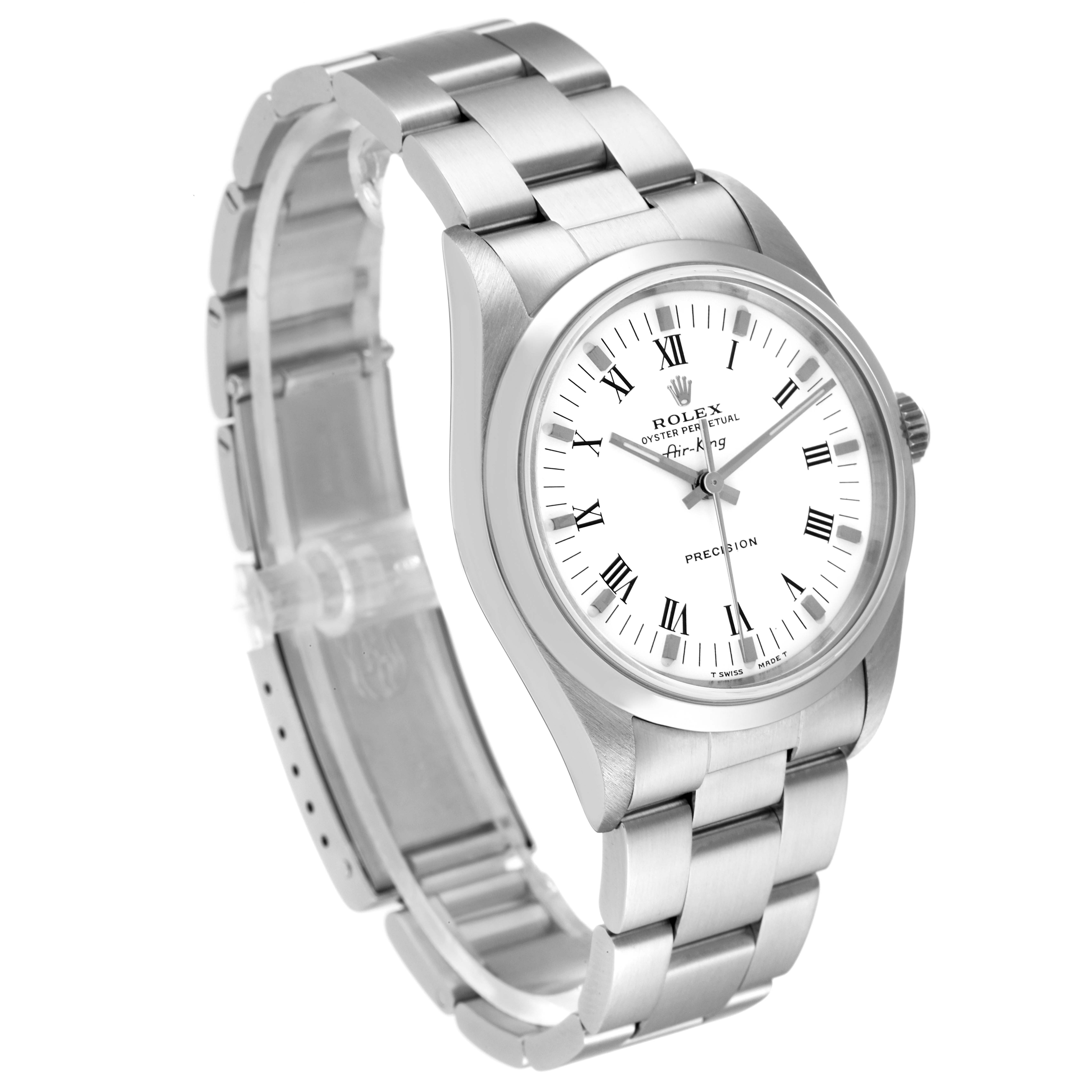 The watch is a Rolex Air-King 14000 Men's Stainless Steel White Dial 14000 Men's Stainless Steel White Dial, shown at a slight angle highlighting the face, stainless steel bracelet, and clasp.