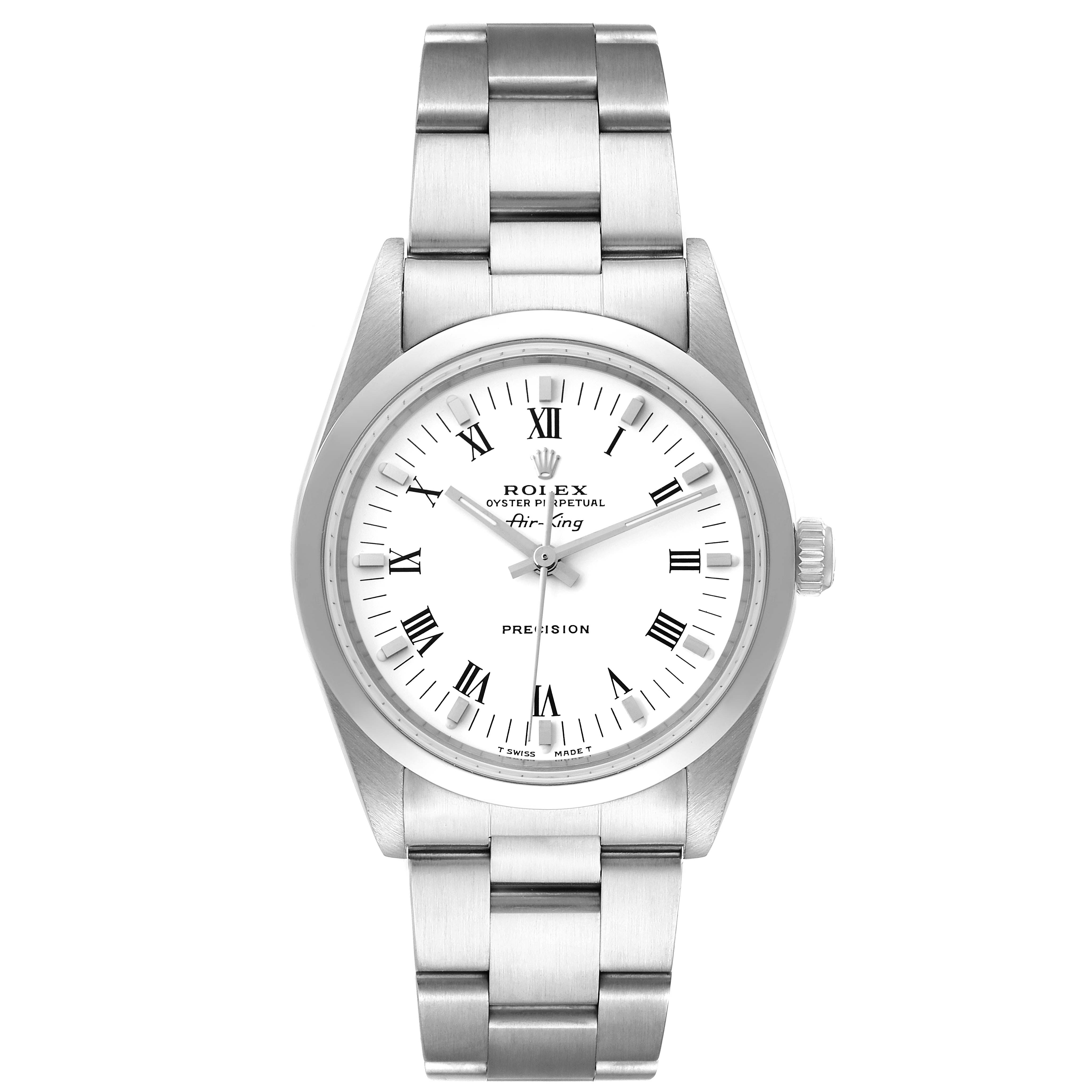 The image shows a frontal view of a Rolex Air-King 14000 Men's Stainless Steel White Dial 14000 Men's Stainless Steel White Dial watch, displaying the face, bezel, and bracelet.