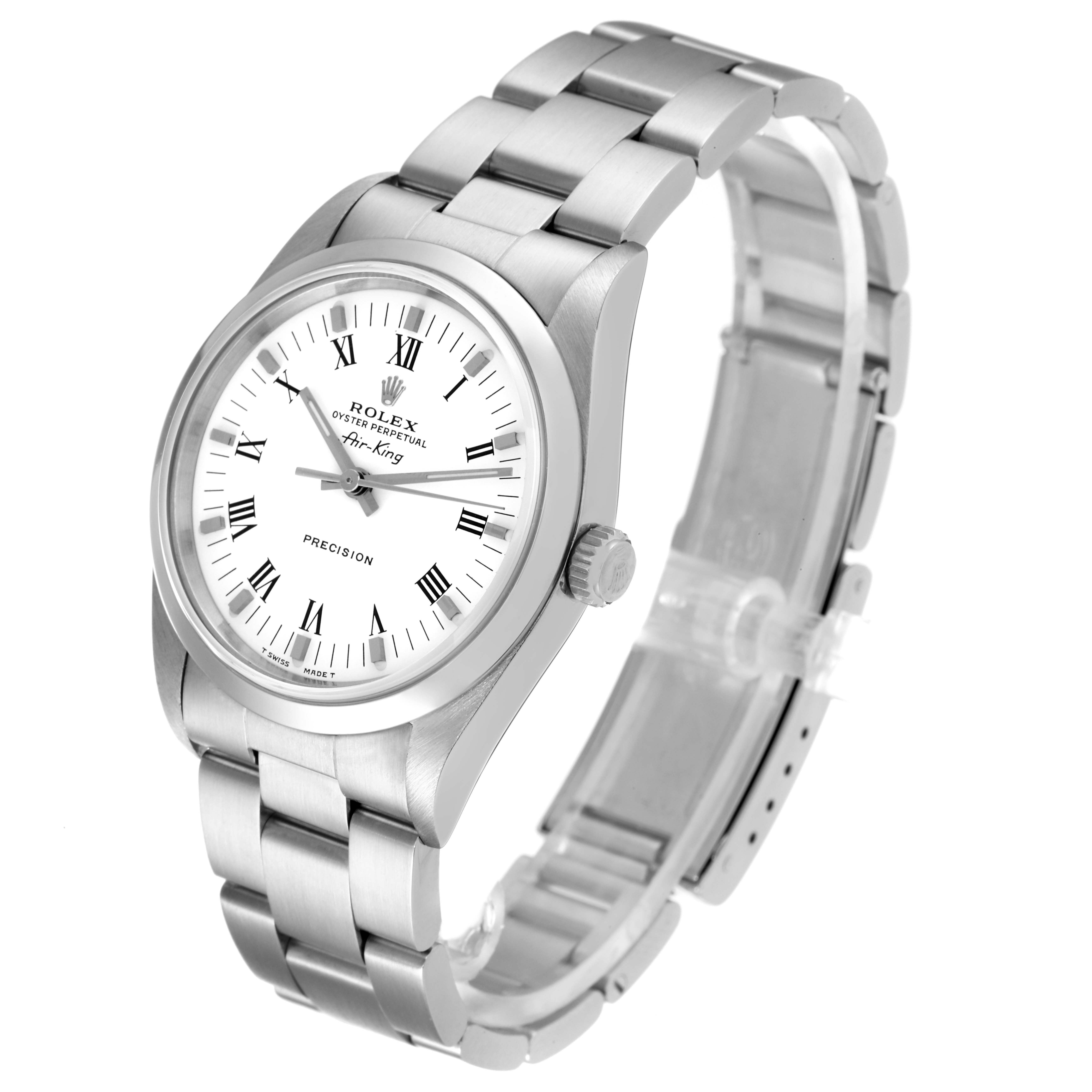 This photo shows the Rolex Air-King 14000 Men's Stainless Steel White Dial 14000 Men's Stainless Steel White Dial watch at a slight angle, highlighting its face, crown, and stainless steel bracelet.