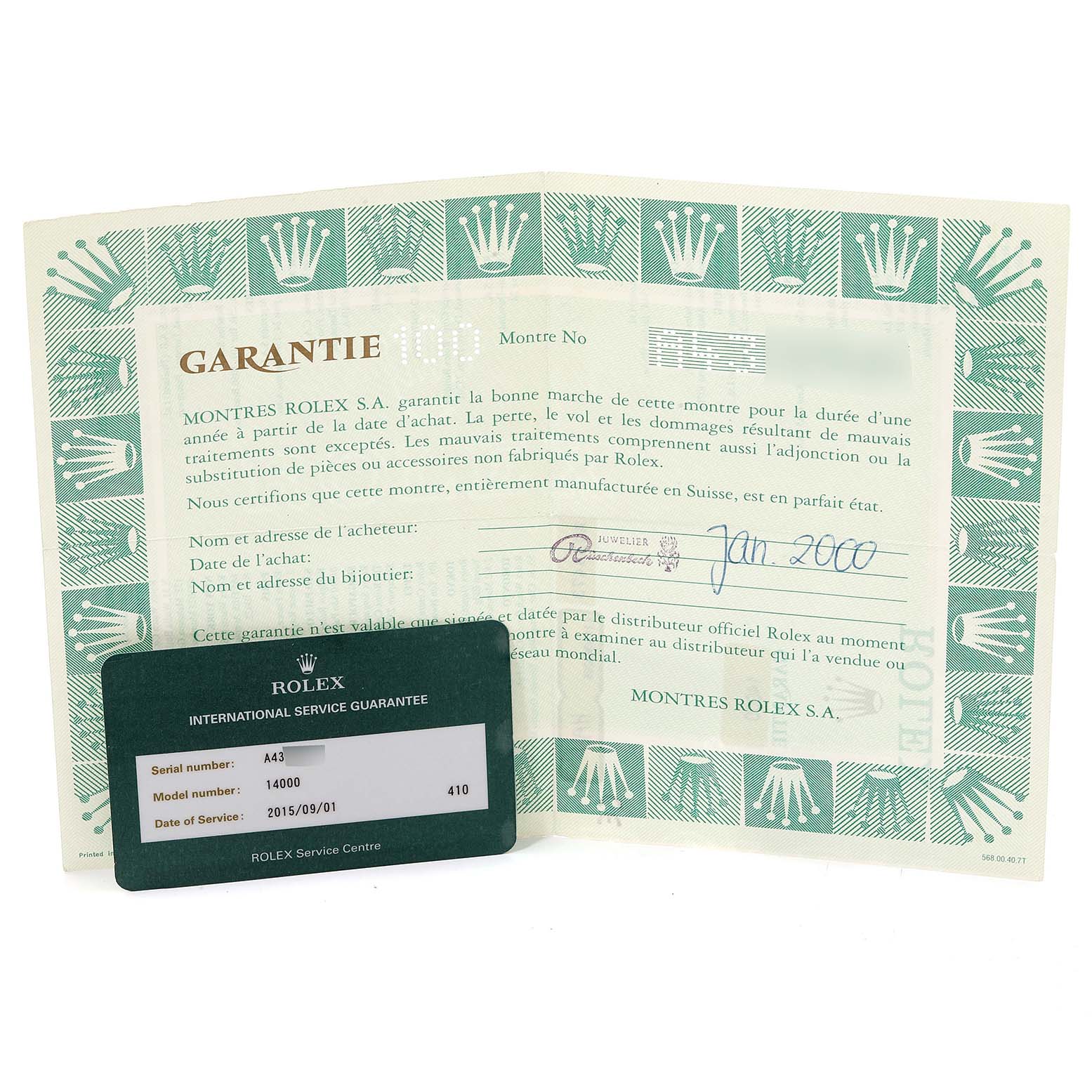 This image shows the warranty and service guarantee cards for a Rolex Air-King 14000 Men's Stainless Steel White Dial 14000 Men's Stainless Steel White Dial model.