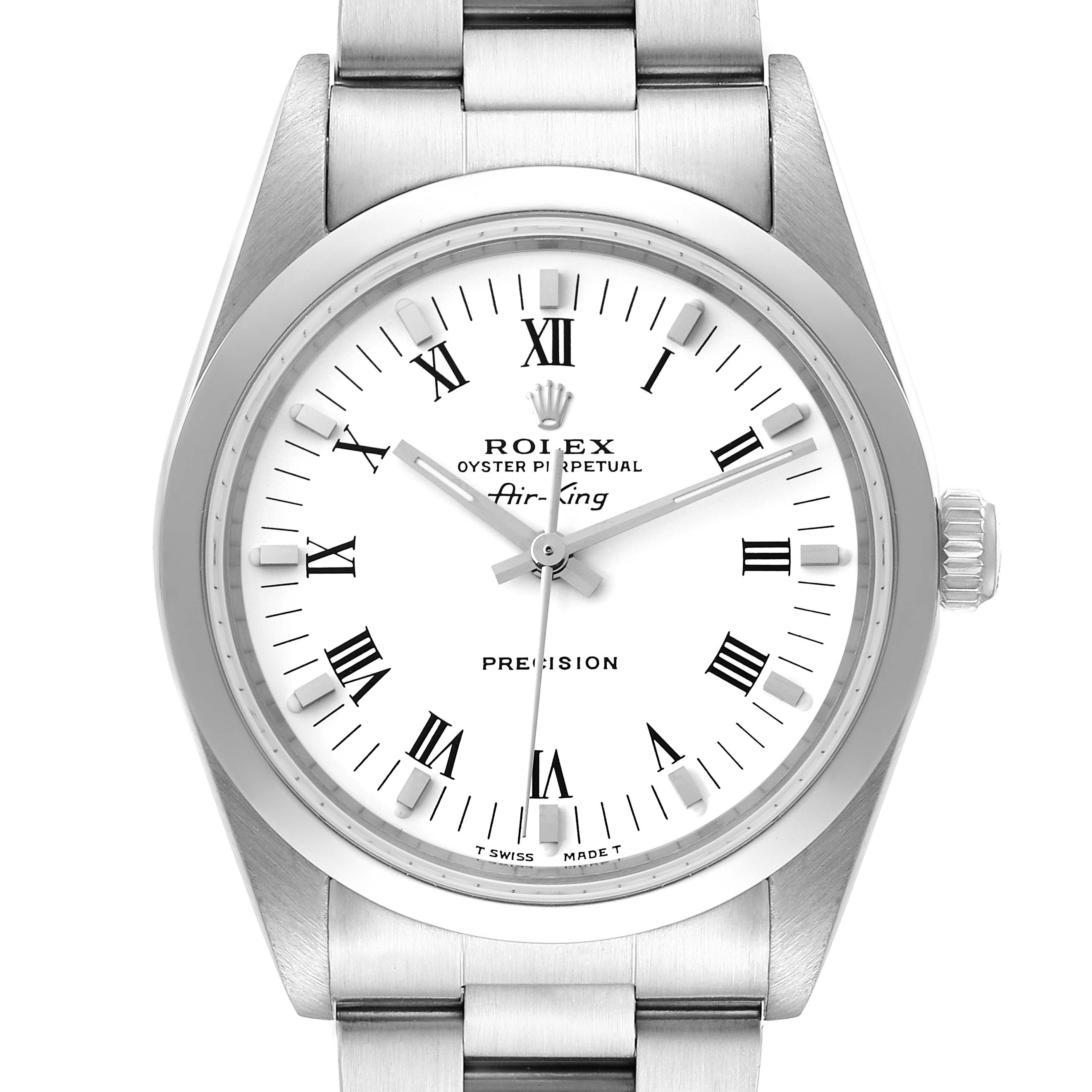 The image shows a front view of a Rolex Air-King 14000 Men's Stainless Steel White Dial 14000 Men's Stainless Steel White Dial watch, highlighting its dial, bezel, crown, and stainless steel bracelet.