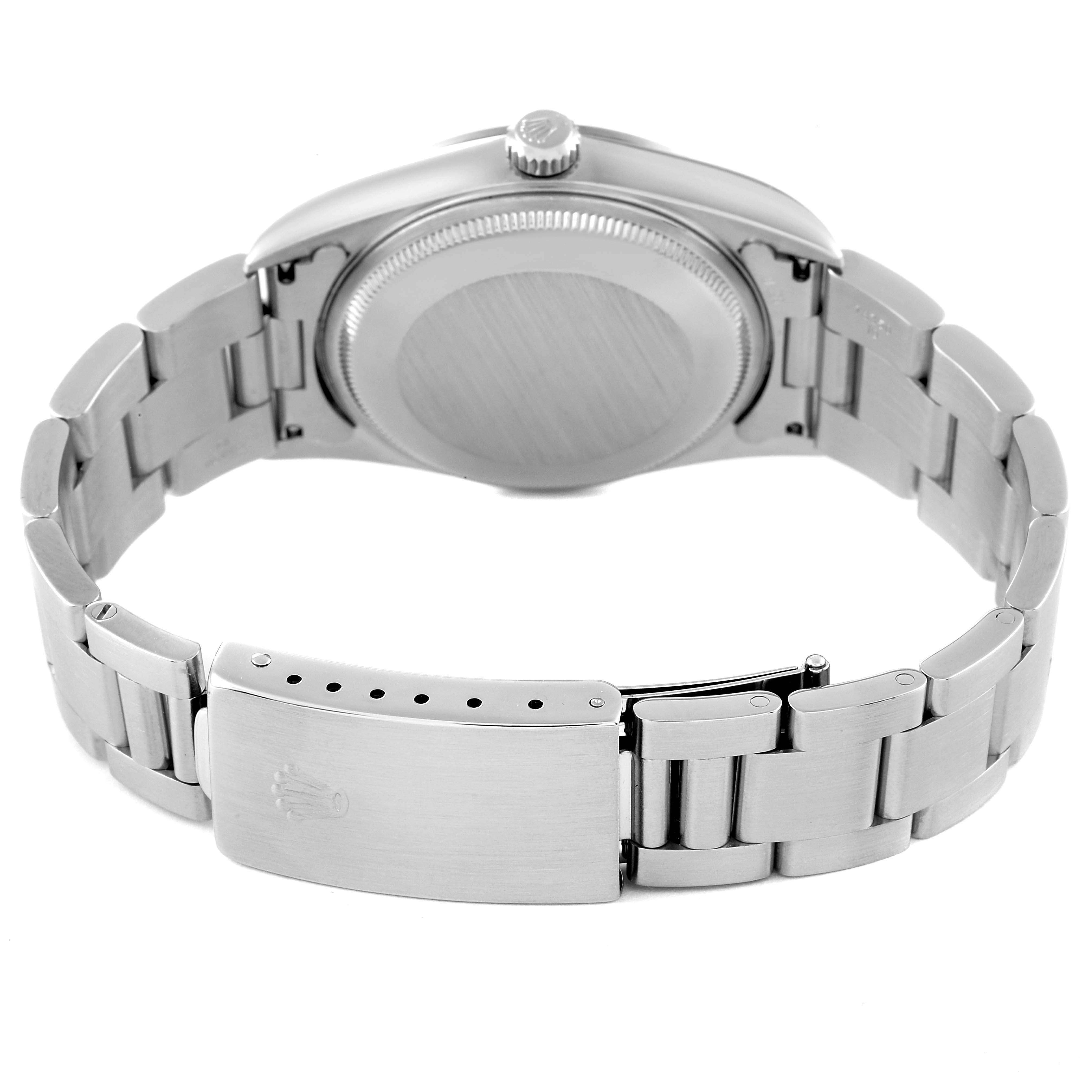 The image shows the back view of the Rolex Air-King 14000 Men's Stainless Steel White Dial 14000 Men's Stainless Steel White Dial watch, highlighting its case back and clasp.