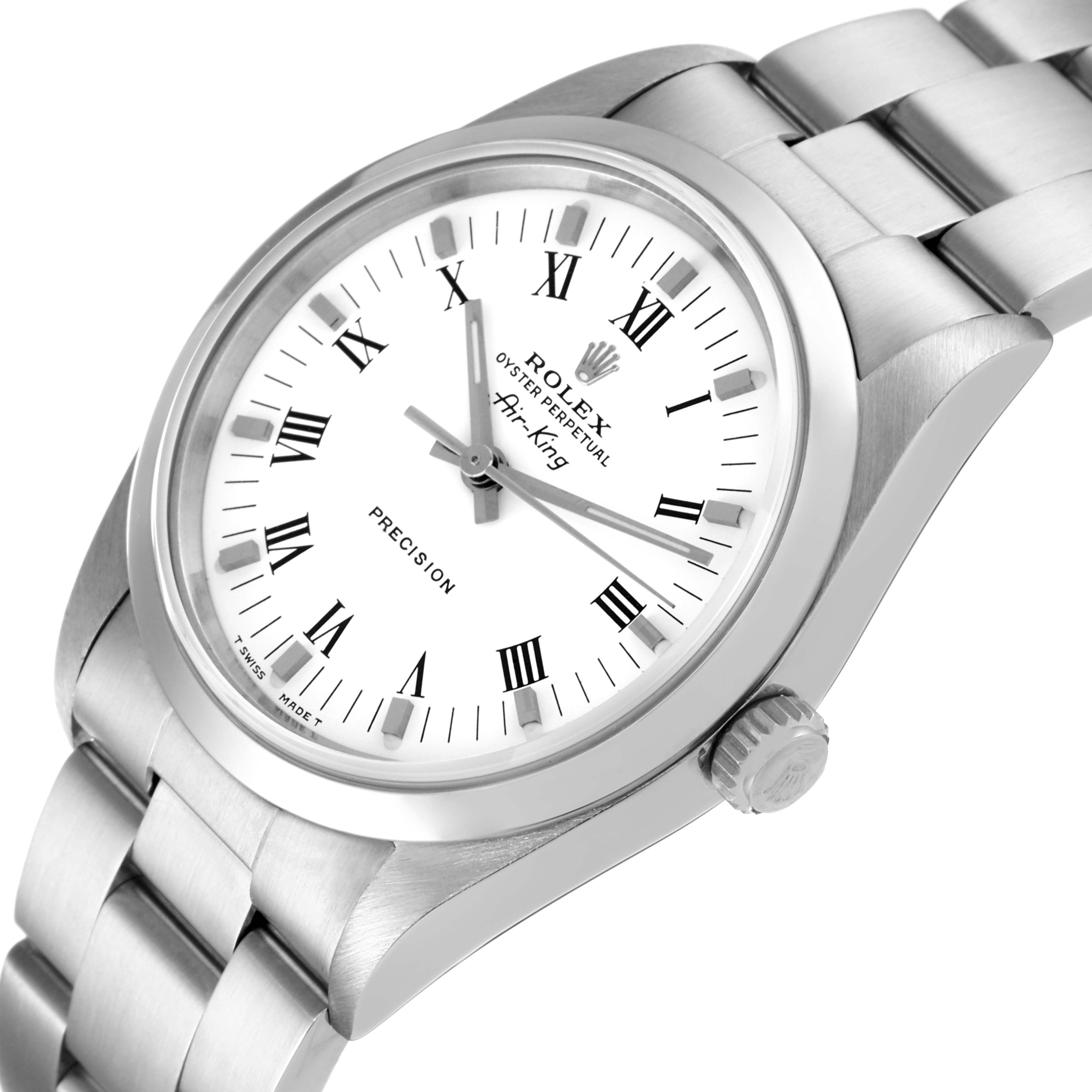 The image shows the Rolex Air-King 14000 Men's Stainless Steel White Dial 14000 Men's Stainless Steel White Dial watch at a slight angle, highlighting its face, bezel, crown, and stainless steel bracelet.