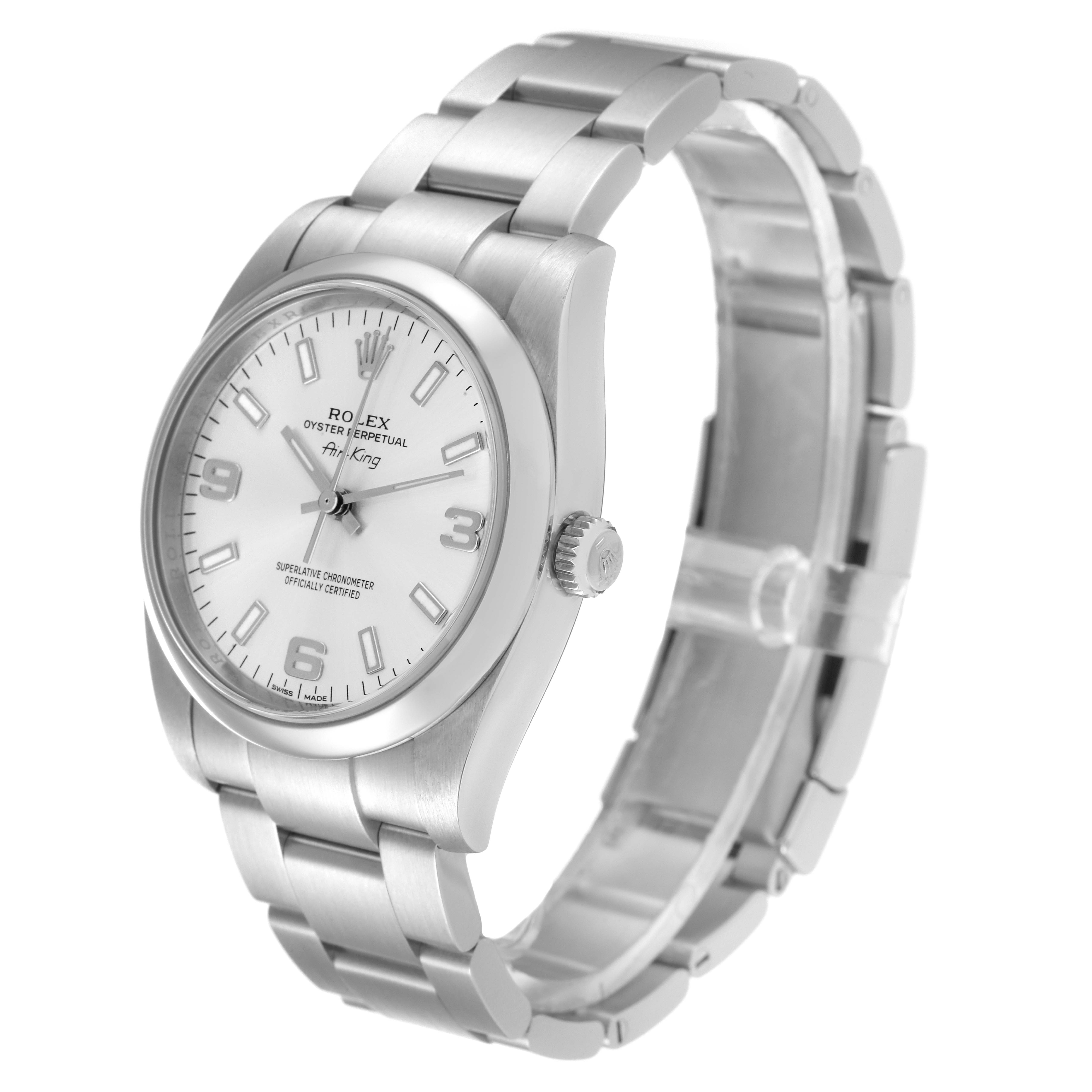 The Rolex Air-King 114200 Men's Stainless Steel Silver Dial 114200 Men's Stainless Steel Silver Dial watch is shown from an angled side view, highlighting the dial, bezel, crown, and bracelet.