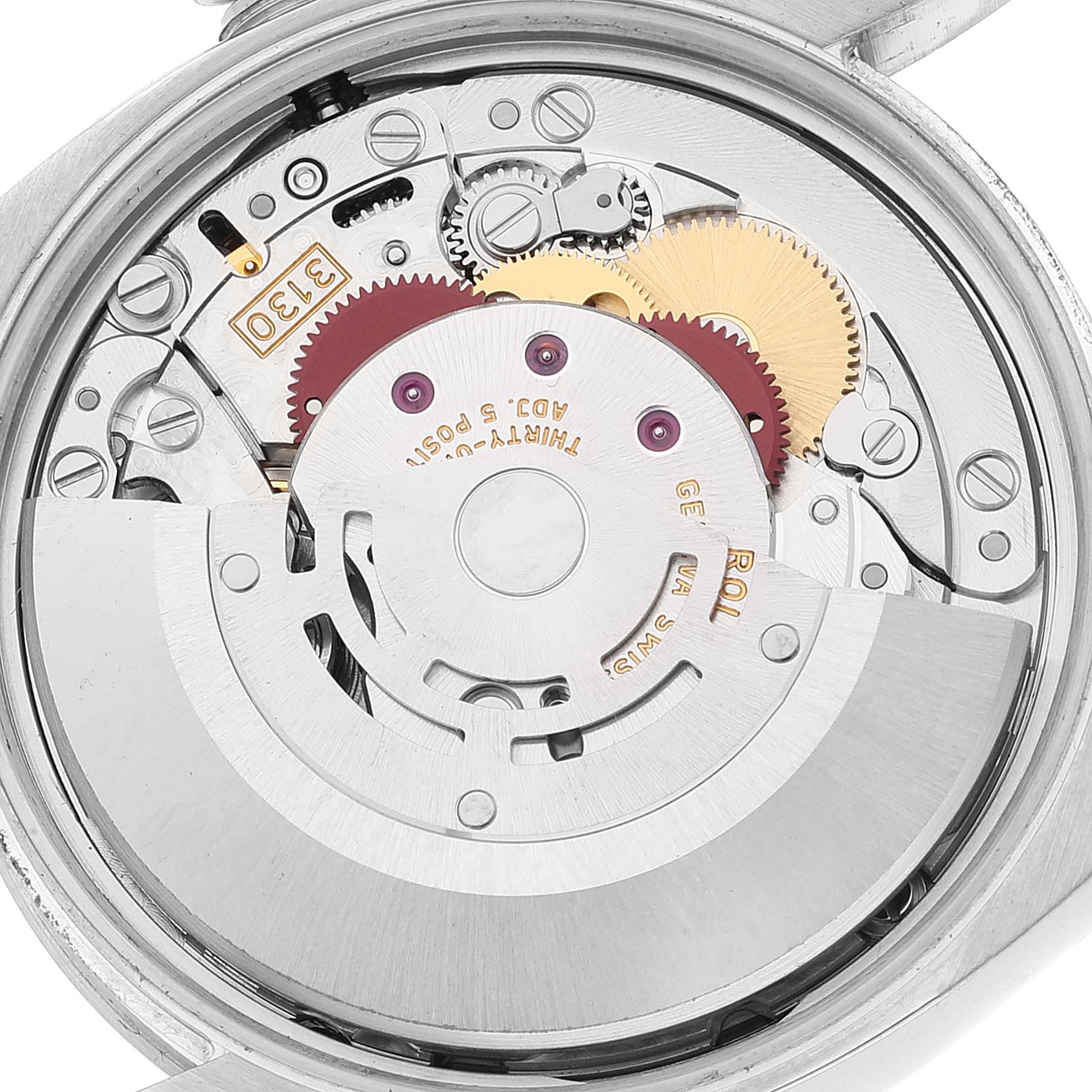 The image shows a close-up view of the Rolex Air-King 114200 Men's Stainless Steel Silver Dial 114200 Men's Stainless Steel Silver Dial watch movement and its internal mechanisms.