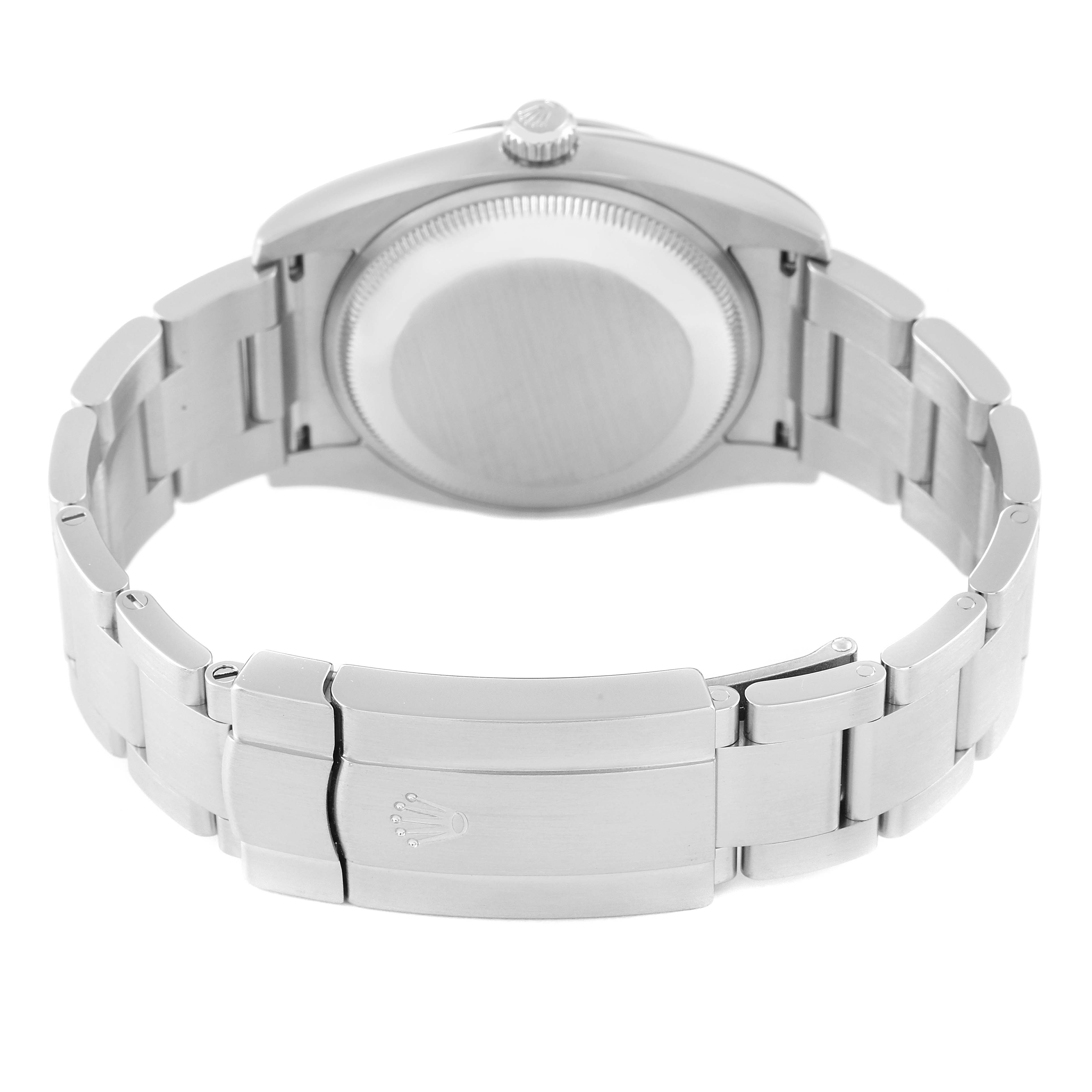 This image shows a rear angle of the Rolex Air-King 114200 Men's Stainless Steel Silver Dial 114200 Men's Stainless Steel Silver Dial watch, highlighting its case back, bracelet, and clasp.