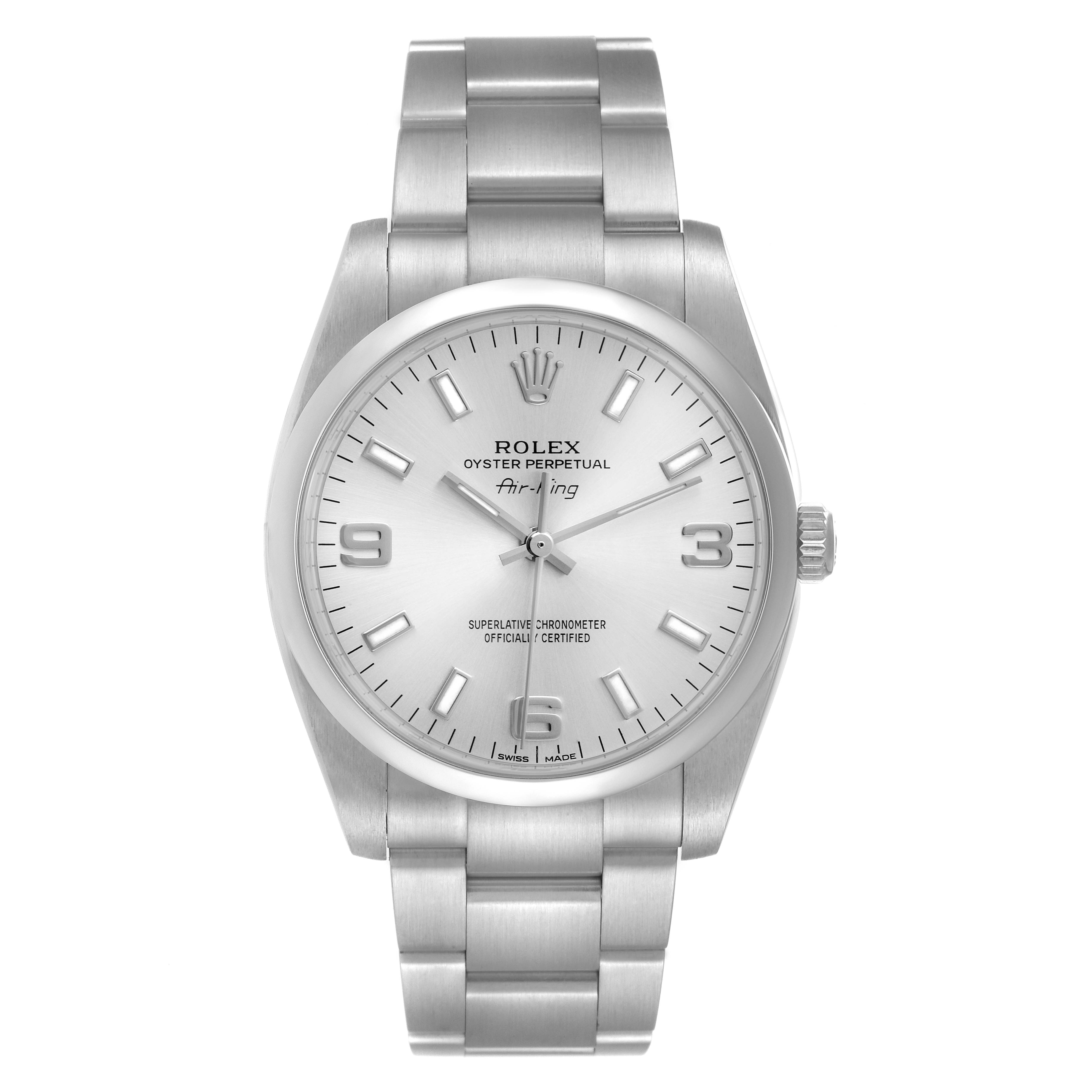 The image shows a front view of the Rolex Air-King 114200 Men's Stainless Steel Silver Dial 114200 Men's Stainless Steel Silver Dial watch, highlighting its face, bezel, crown, and bracelet.