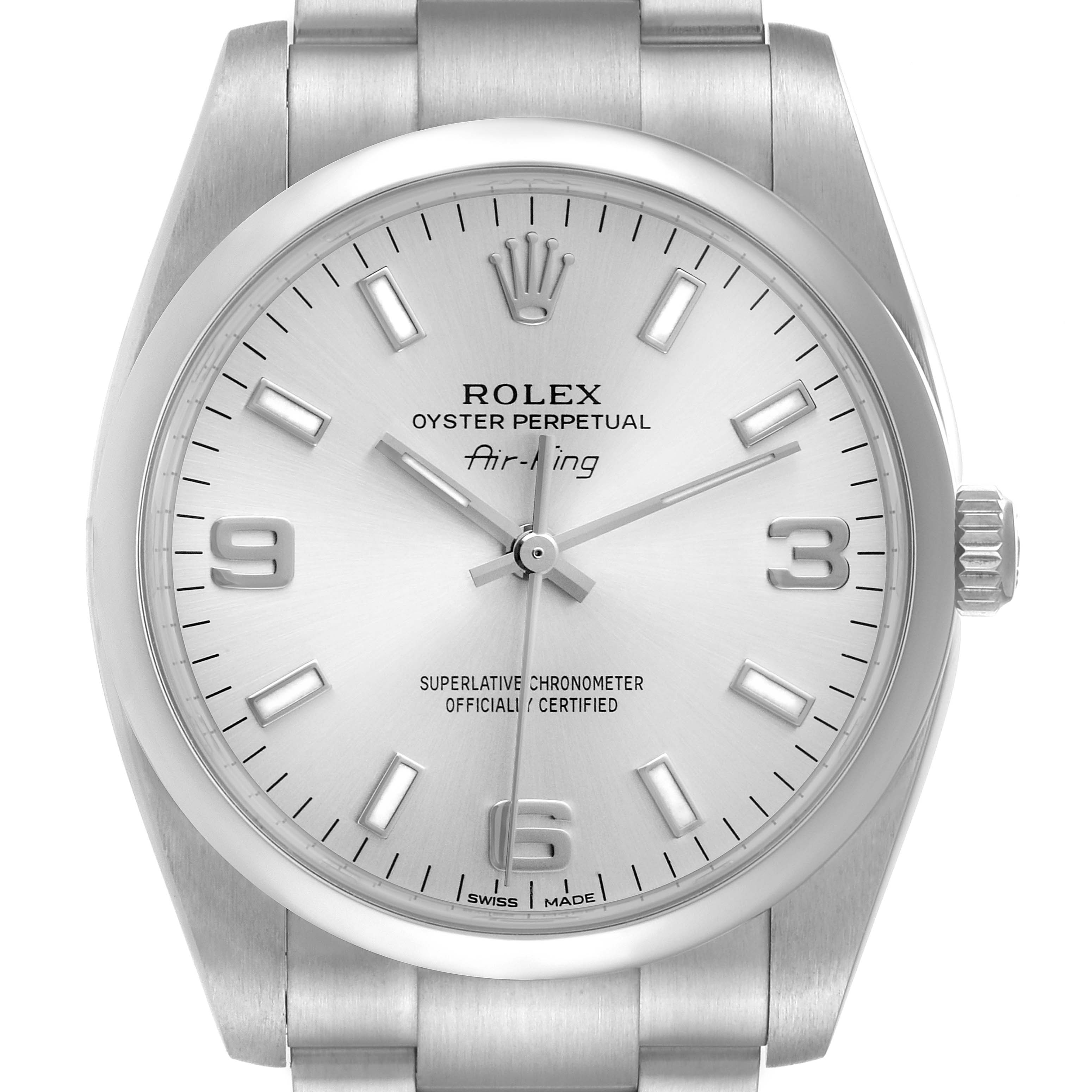 The image shows a front view of a Rolex Air-King 114200 Men's Stainless Steel Silver Dial 114200 Men's Stainless Steel Silver Dial watch displaying its dial, hands, crown, and part of the bracelet.