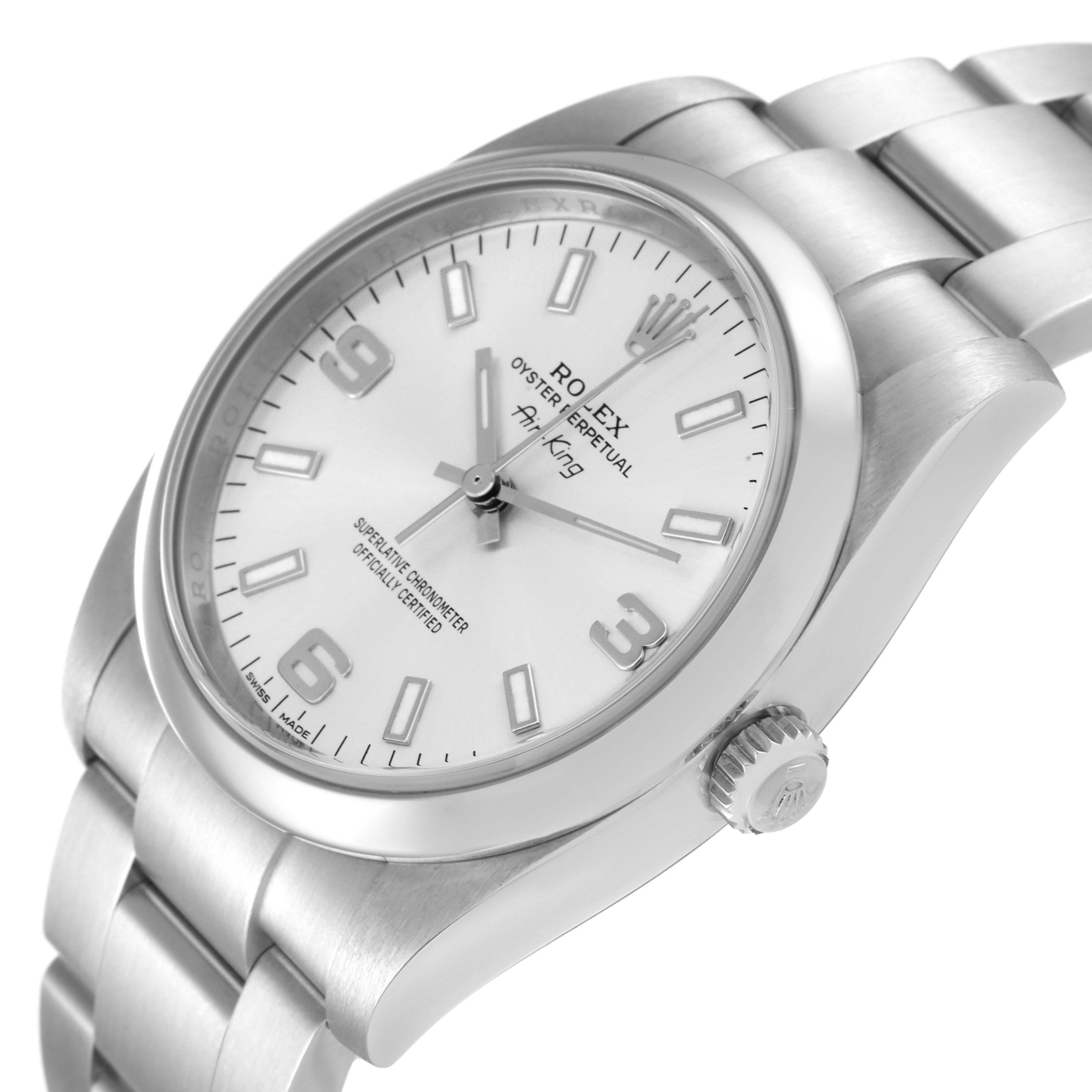 The Rolex Air-King 114200 Men's Stainless Steel Silver Dial 114200 Men's Stainless Steel Silver Dial watch is shown from a three-quarter angle, displaying the face, crown, and part of the bracelet.