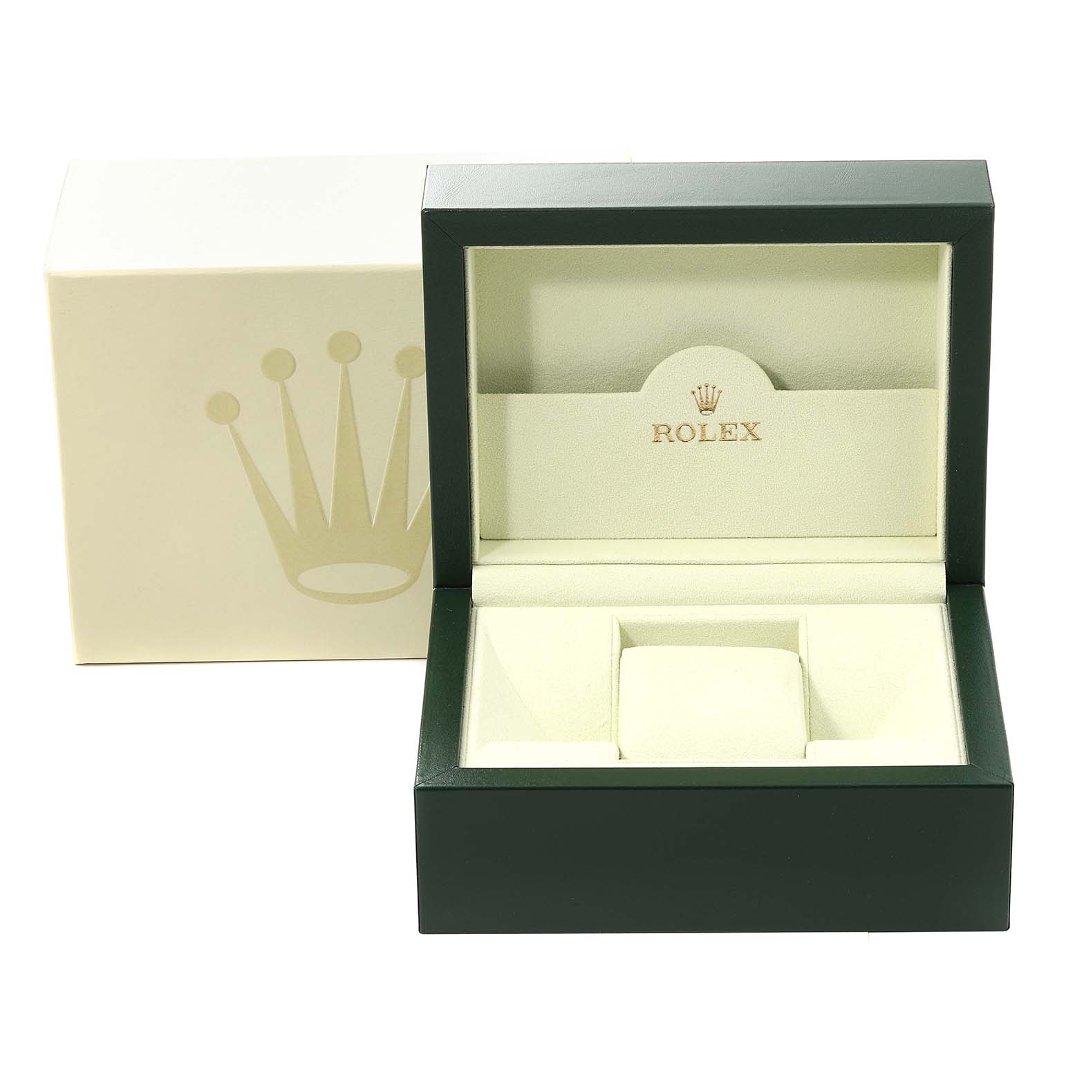 The image shows an open Rolex Air-King 114200 Men's Stainless Steel Silver Dial 114200 Men's Stainless Steel Silver Dial watch box with an outer cardboard sleeve.