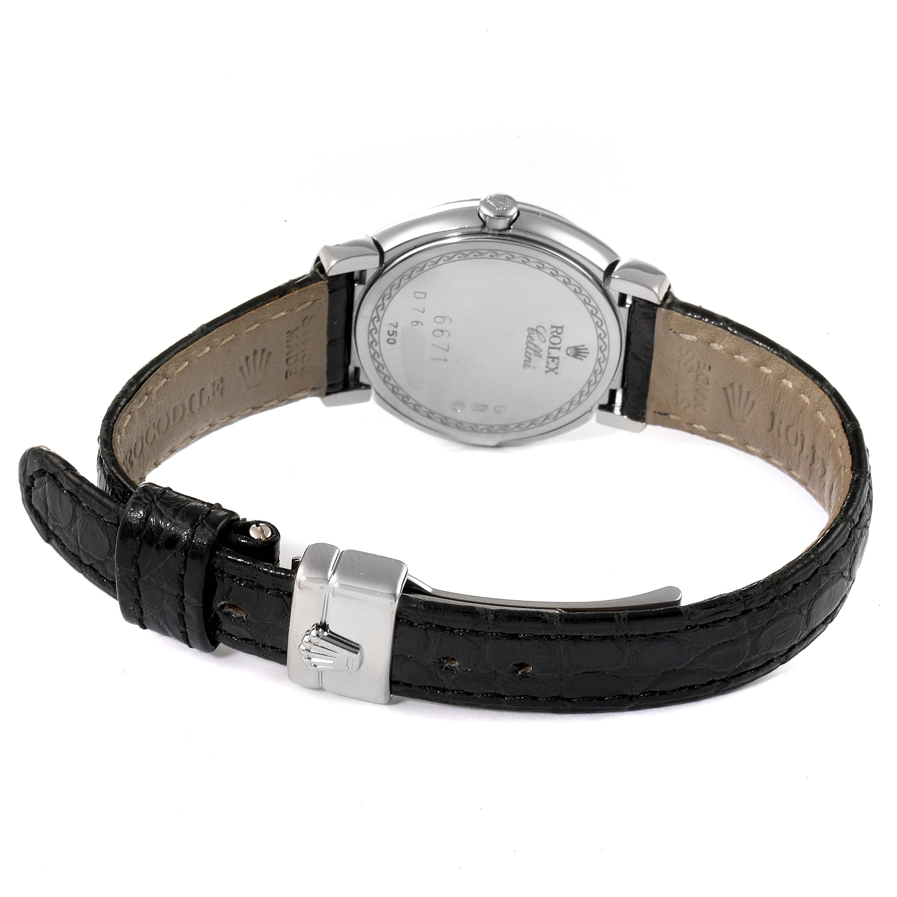 The image shows the back view of a Rolex Cellini 6671 Women's White Gold Mother of Pearl Dial 6671 Women's White Gold Mother of Pearl Dial watch, highlighting the leather strap and buckle.