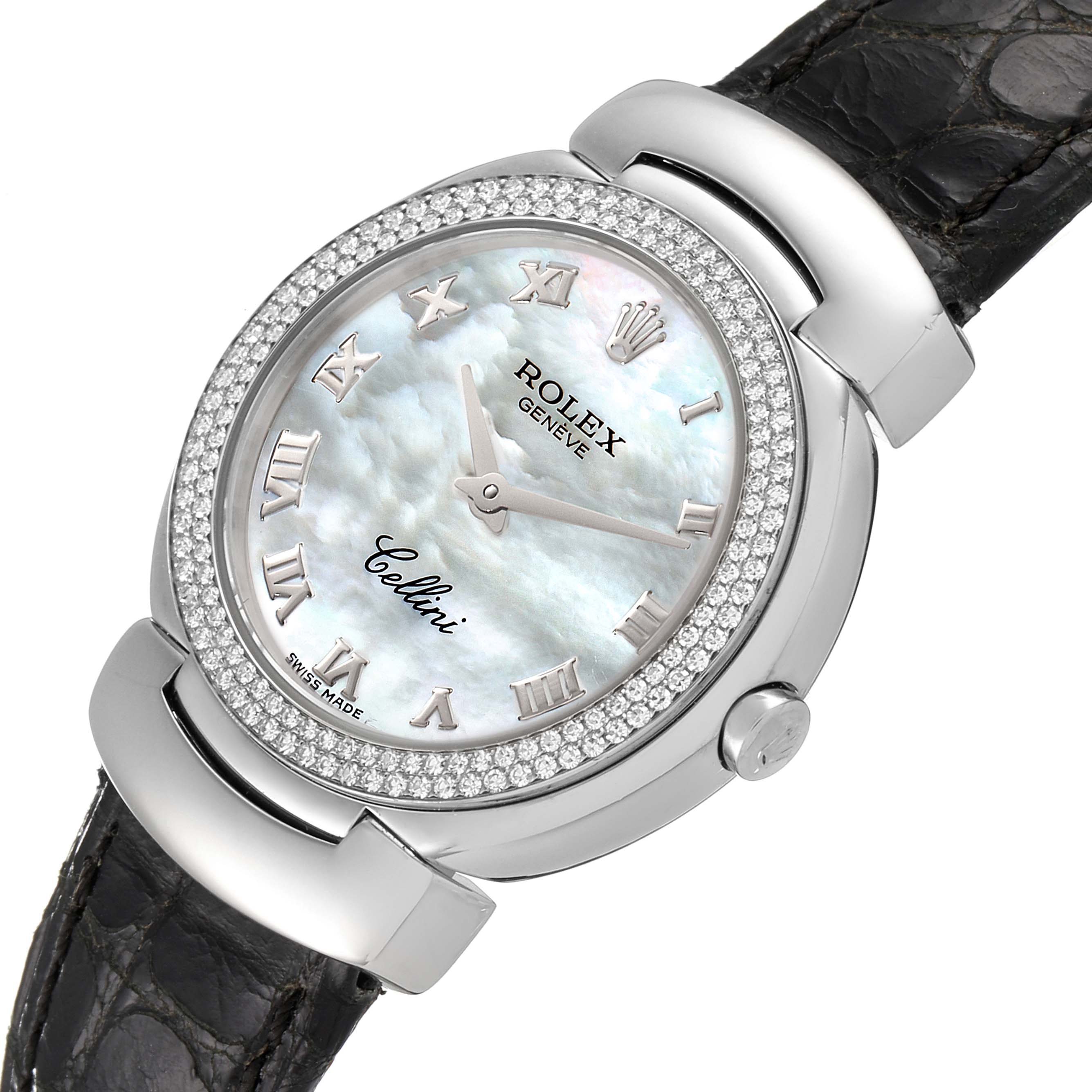 The image shows a close-up view of the dial, bezel, and part of the strap of the Rolex Cellini 6671 Women's White Gold Mother of Pearl Dial 6671 Women's White Gold Mother of Pearl Dial watch.