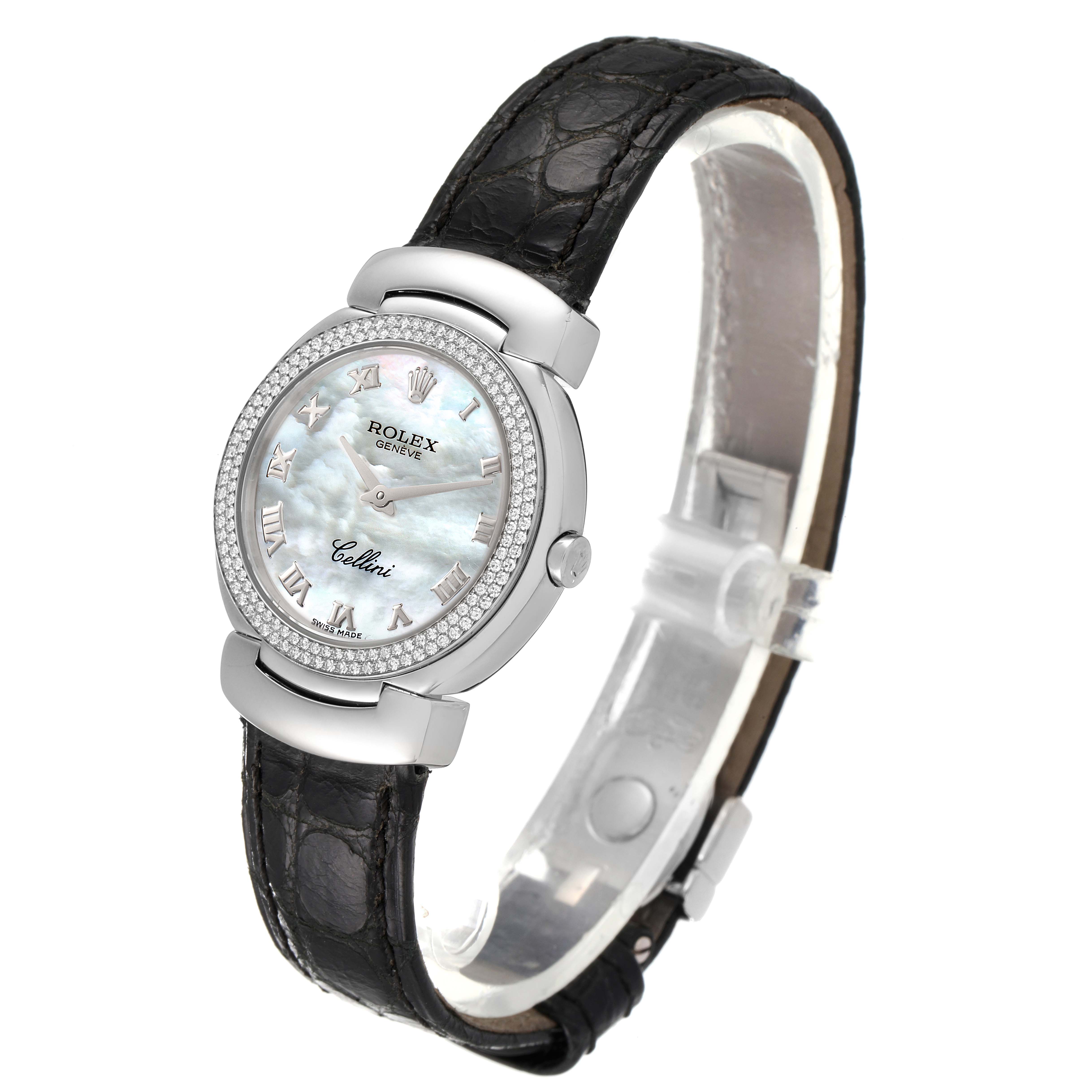 This image shows a Rolex Cellini 6671 Women's White Gold Mother of Pearl Dial 6671 Women's White Gold Mother of Pearl Dial watch at an angled view, highlighting the face, bezel, and leather strap.
