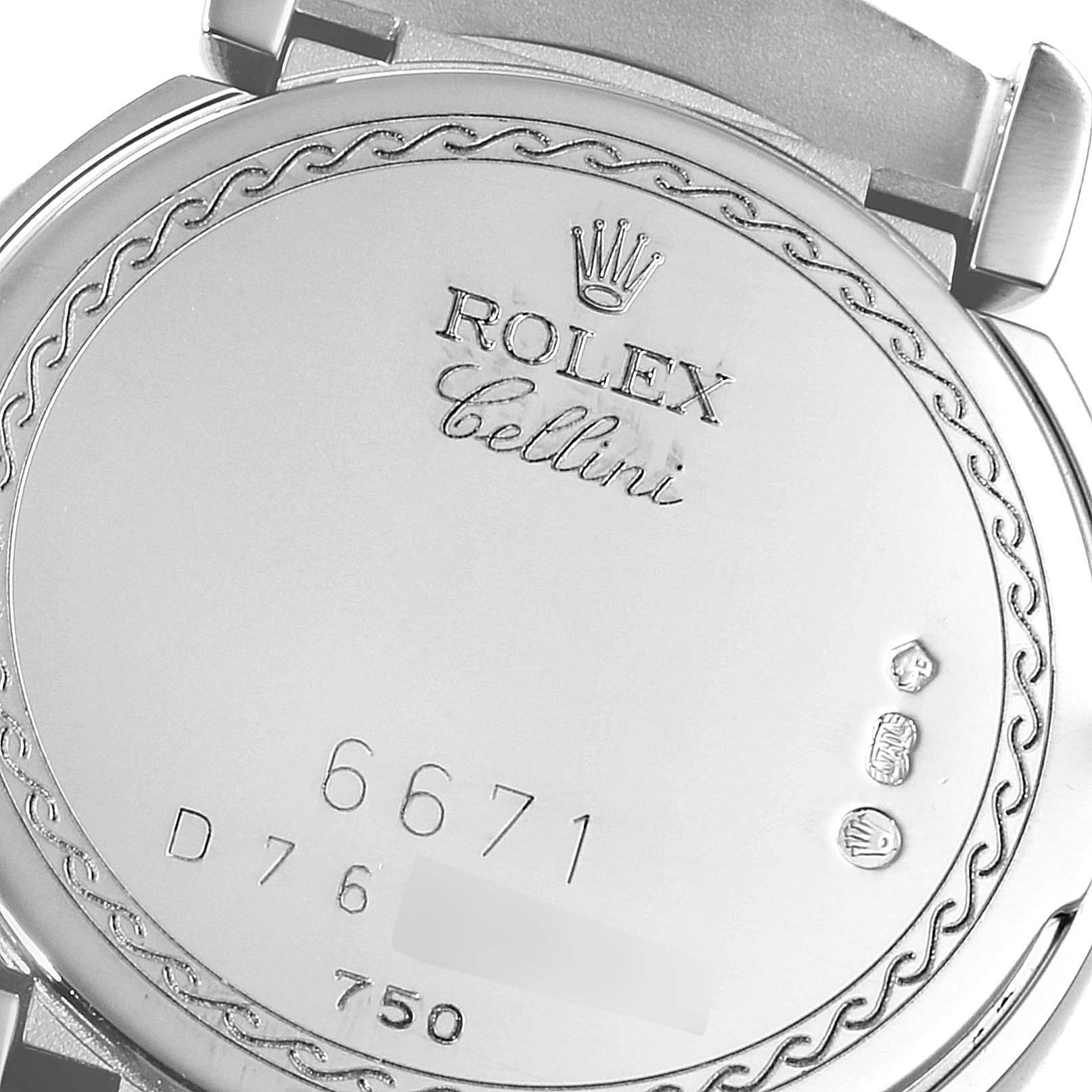 The image shows the back case of a Rolex Cellini 6671 Women's White Gold Mother of Pearl Dial 6671 Women's White Gold Mother of Pearl Dial watch with its engraved details.