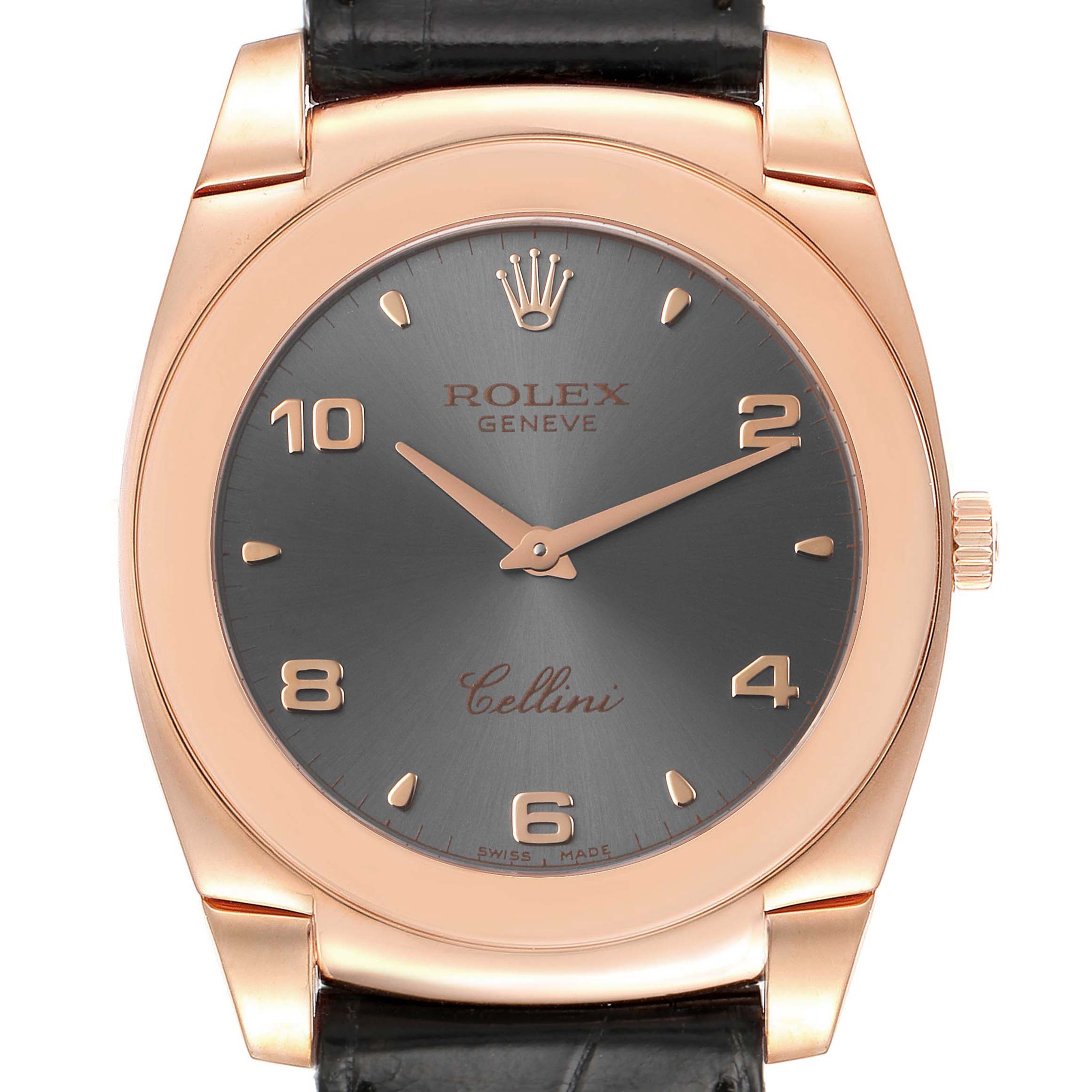 This image shows the Rolex Cellini 5330 Men's Rose Gold Grey Dial 5330 Men's Rose Gold Grey Dial watch face directly from the front, displaying its dial, hands, and crown.