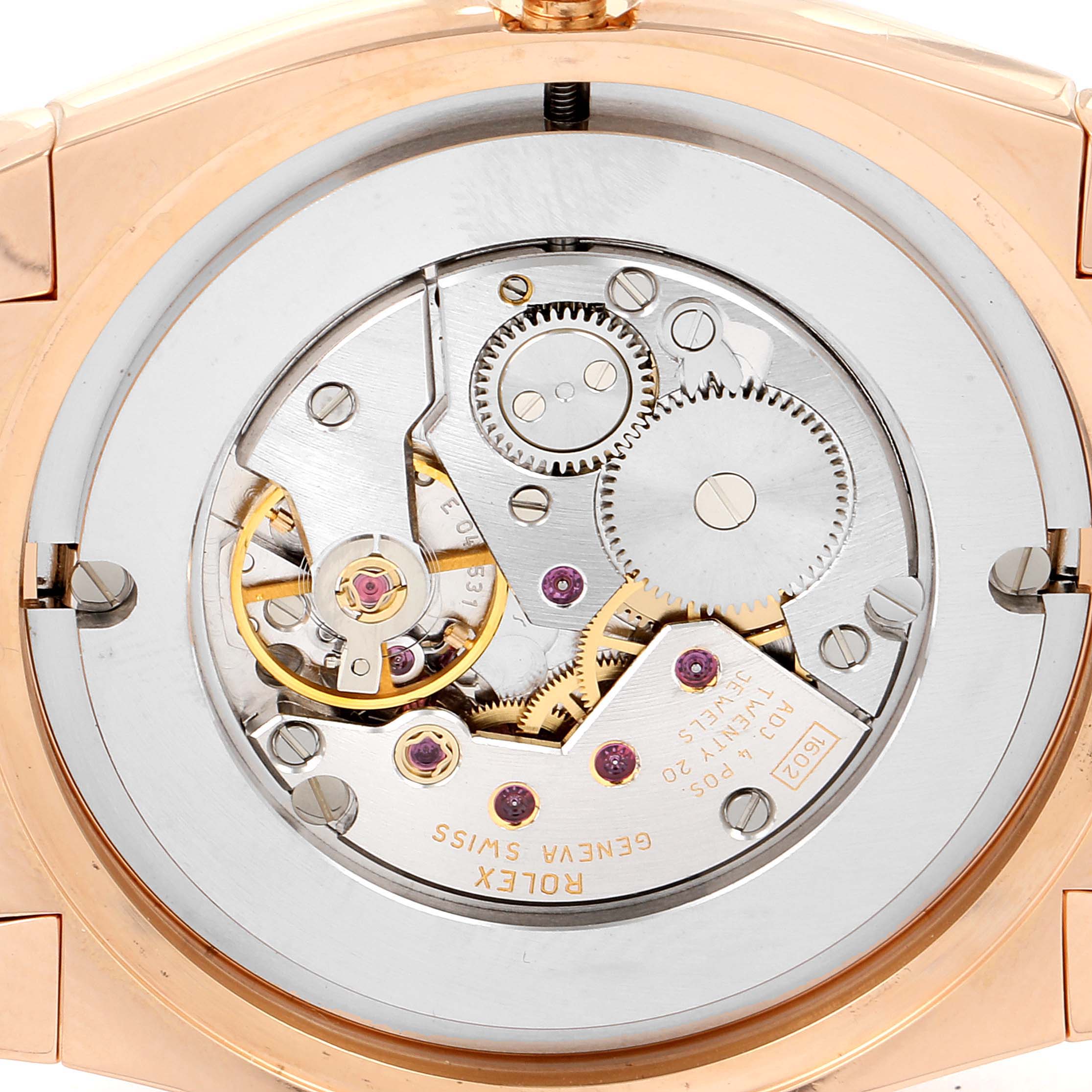 The image shows the back view of a Rolex Cellini 5330 Men's Rose Gold Grey Dial 5330 Men's Rose Gold Grey Dial watch, highlighting its intricate mechanical movement.