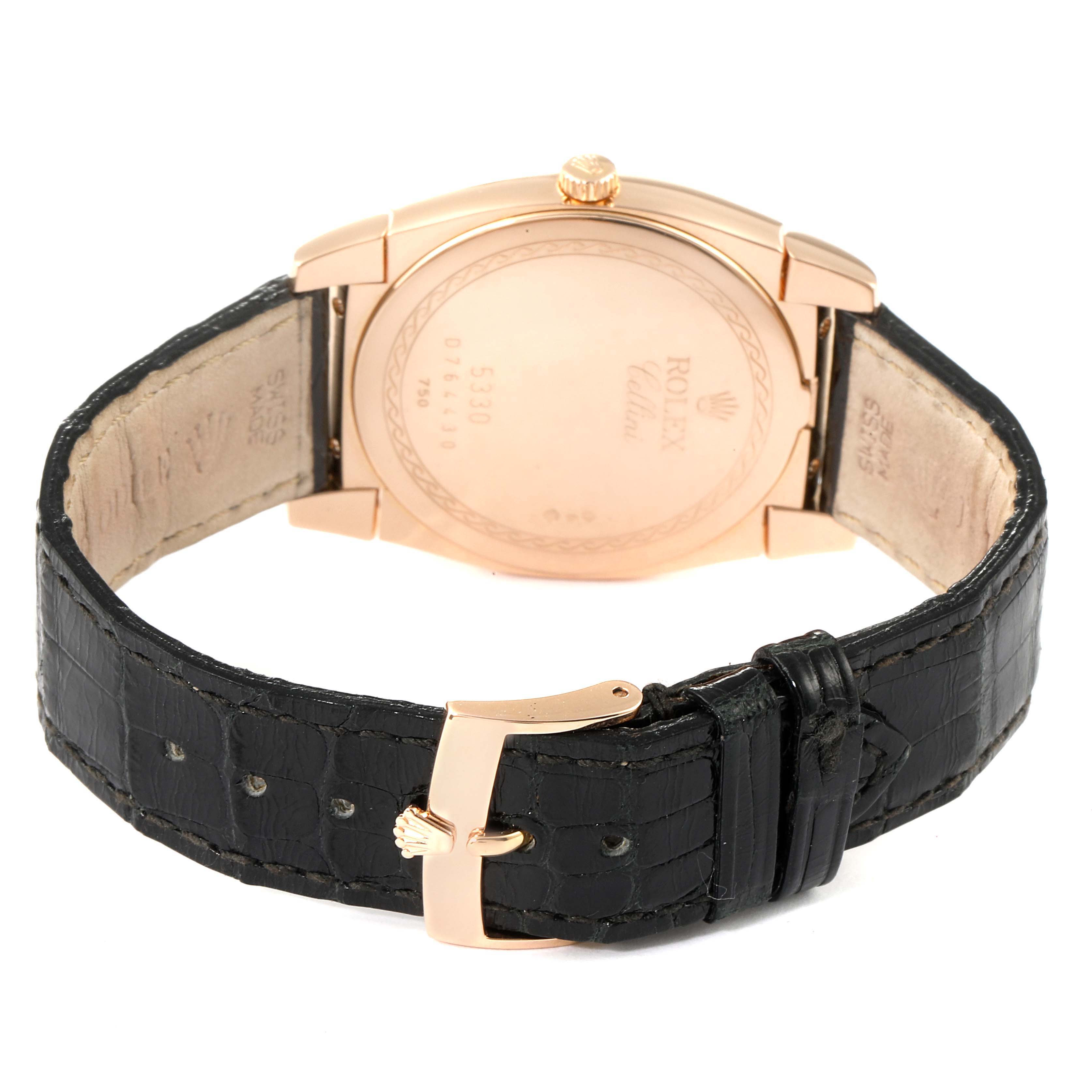The image shows the back case and strap of a Rolex Cellini 5330 Men's Rose Gold Grey Dial 5330 Men's Rose Gold Grey Dial watch, including the clasp.