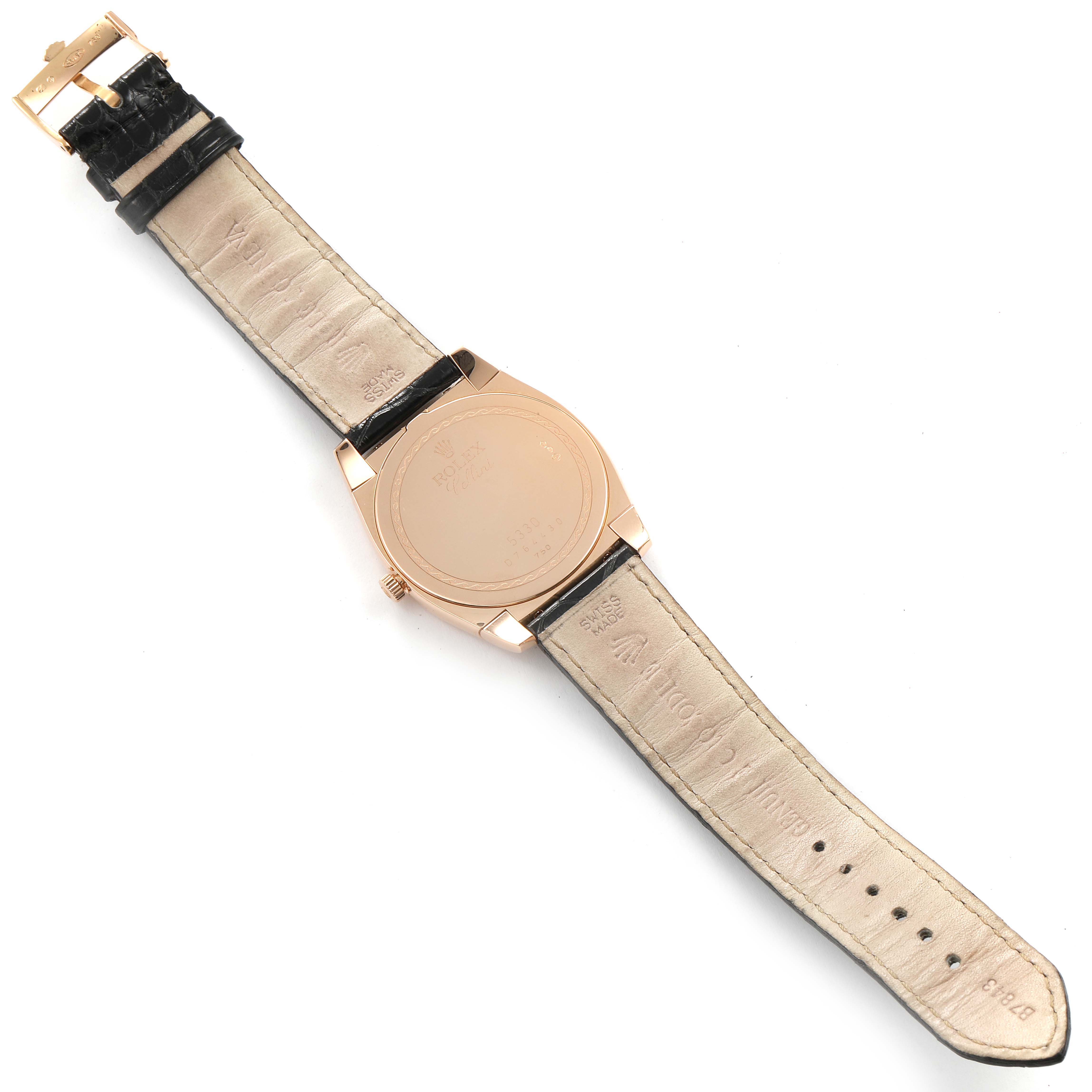 The image shows the backside and straps of a Rolex Cellini 5330 Men's Rose Gold Grey Dial 5330 Men's Rose Gold Grey Dial watch laid flat, highlighting the buckle and leather strap details.