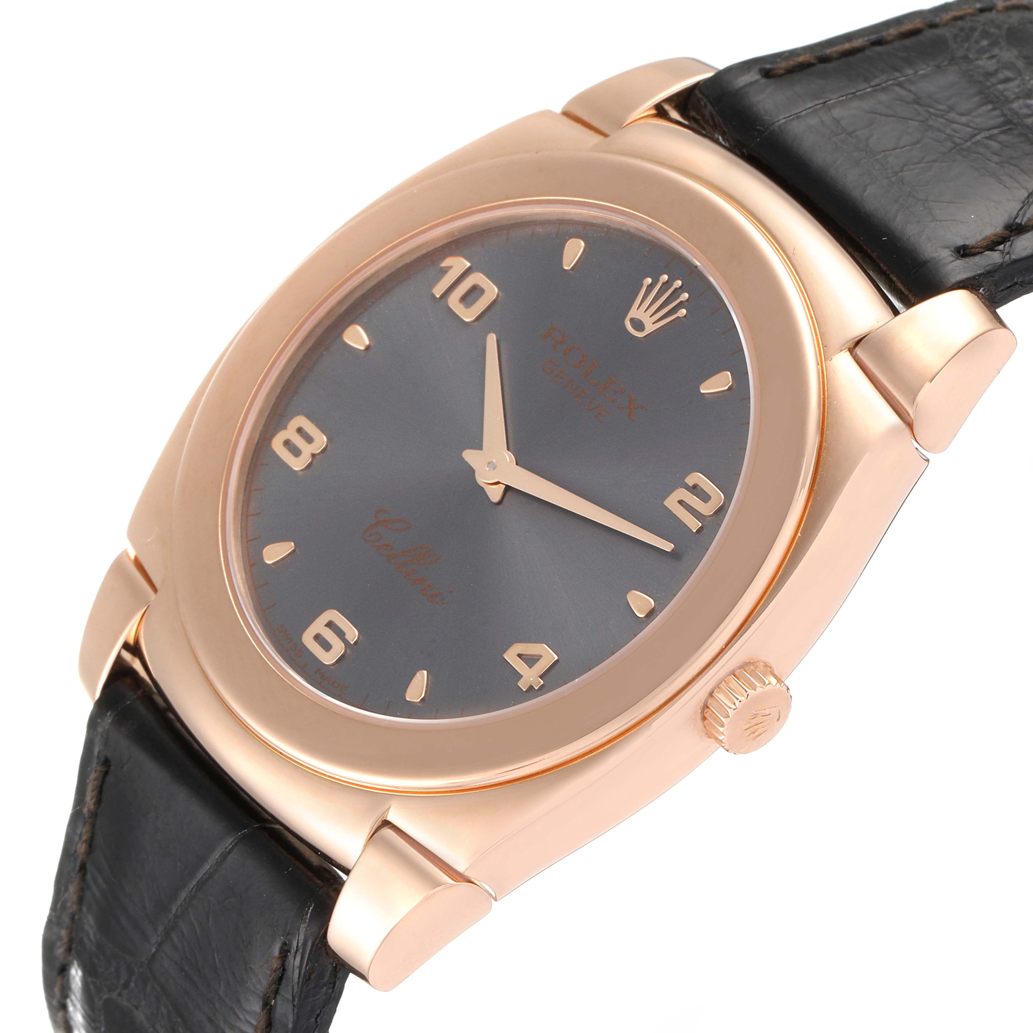 The image shows a Rolex Cellini 5330 Men's Rose Gold Grey Dial 5330 Men's Rose Gold Grey Dial watch at a slight angle, highlighting the face, bezel, crown, and part of the leather strap.