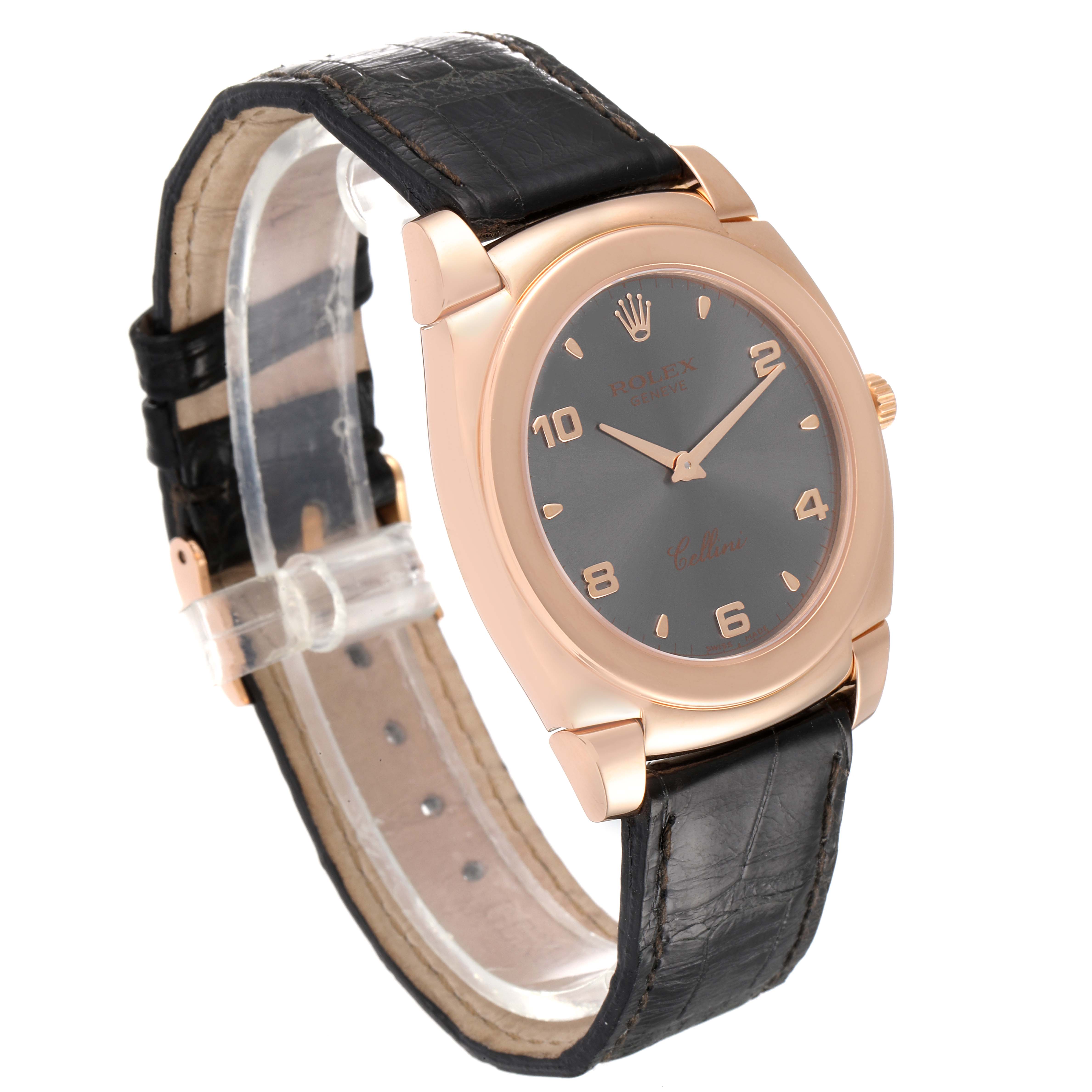 The image shows a Rolex Cellini 5330 Men's Rose Gold Grey Dial 5330 Men's Rose Gold Grey Dial model watch angled slightly from the front, displaying its face, black leather strap, and gold case.