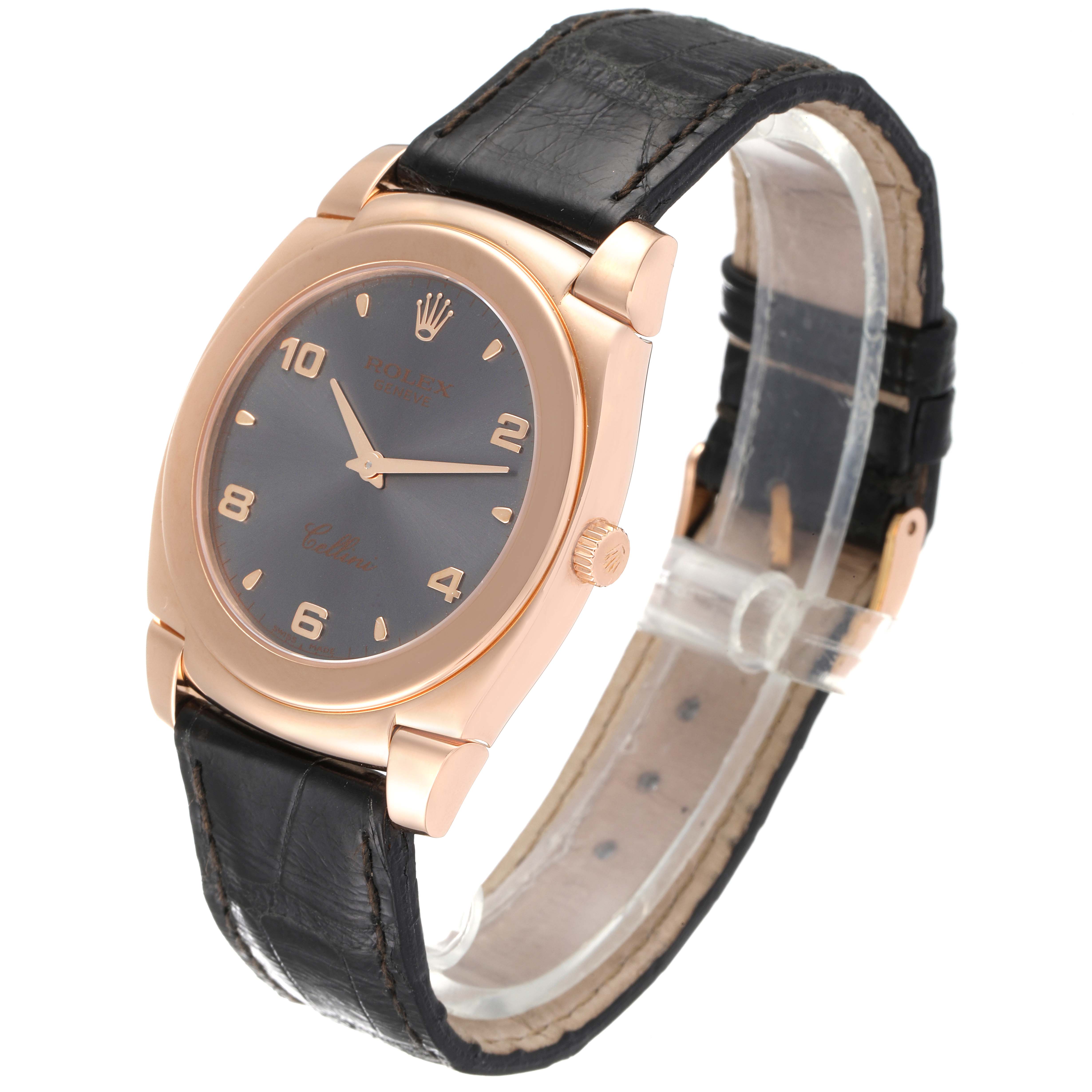 The Rolex Cellini 5330 Men's Rose Gold Grey Dial 5330 Men's Rose Gold Grey Dial watch is shown at a three-quarter angle, displaying the face, bezel, crown, and leather strap.