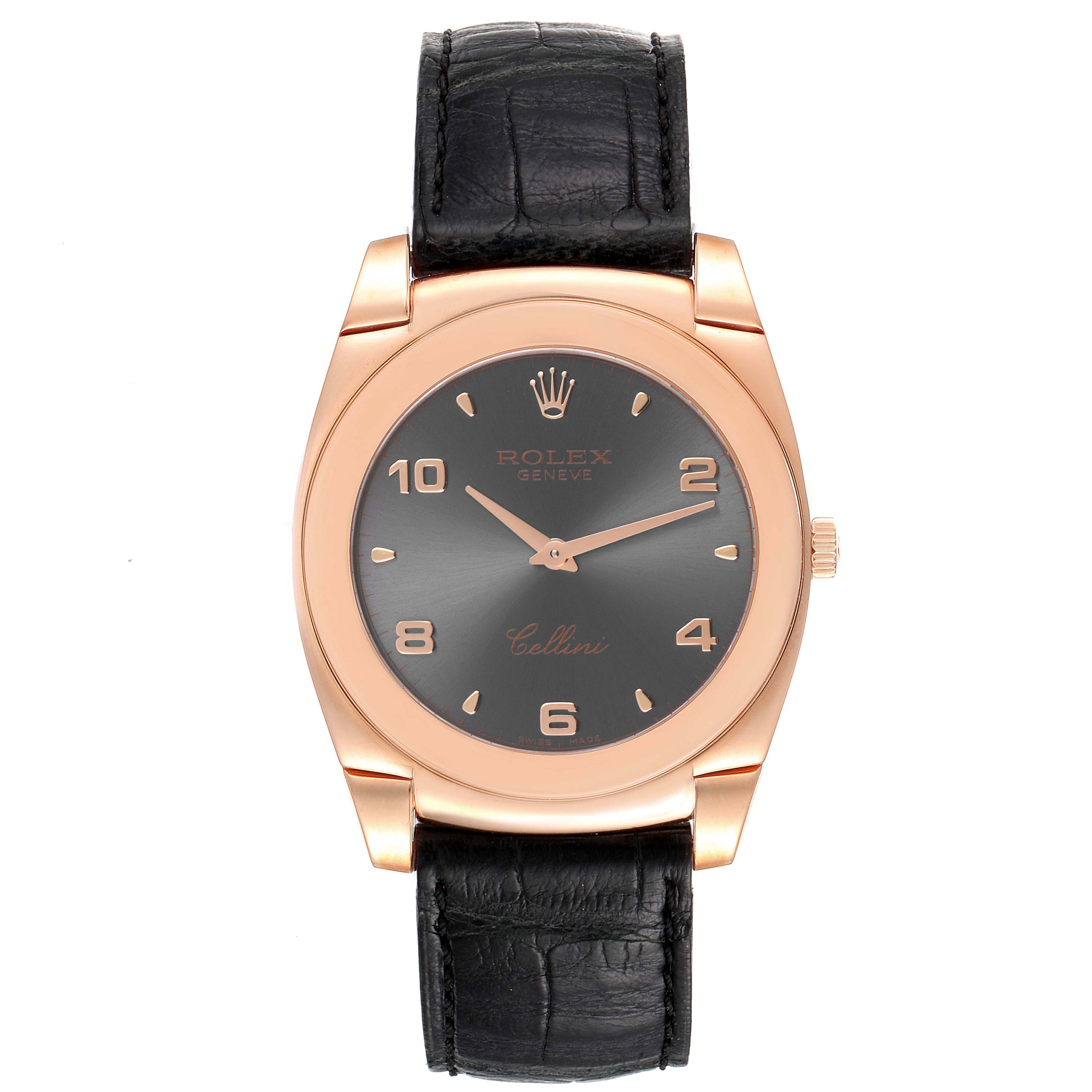 This Rolex Cellini 5330 Men's Rose Gold Grey Dial 5330 Men's Rose Gold Grey Dial watch is shown from the front, highlighting the face, bezel, and black leather strap.
