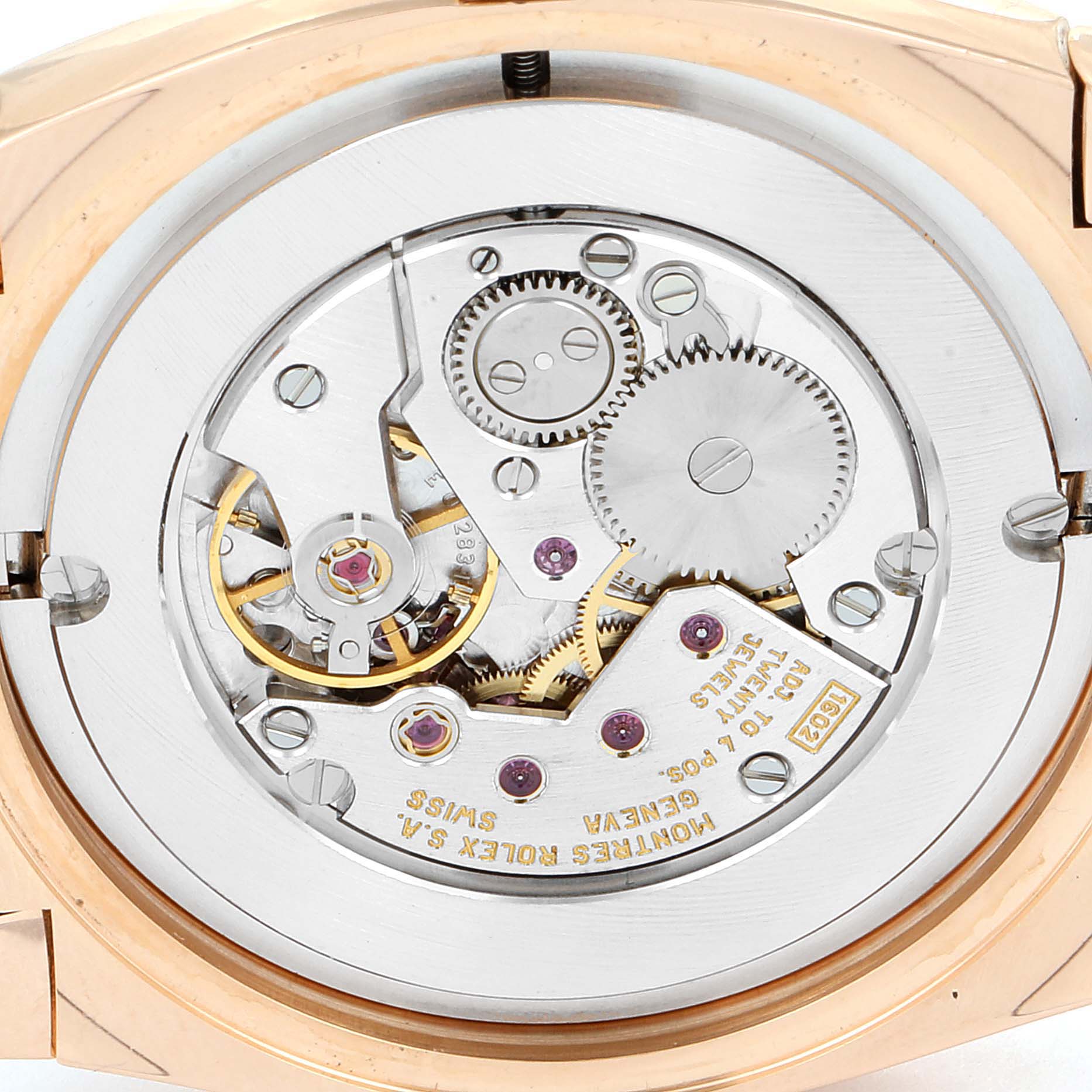 This image shows the movement and inner mechanism of a Rolex Cellini 5330 Men's Rose Gold Grey Dial 5330 Men's Rose Gold Grey Dial watch from a rear angle.