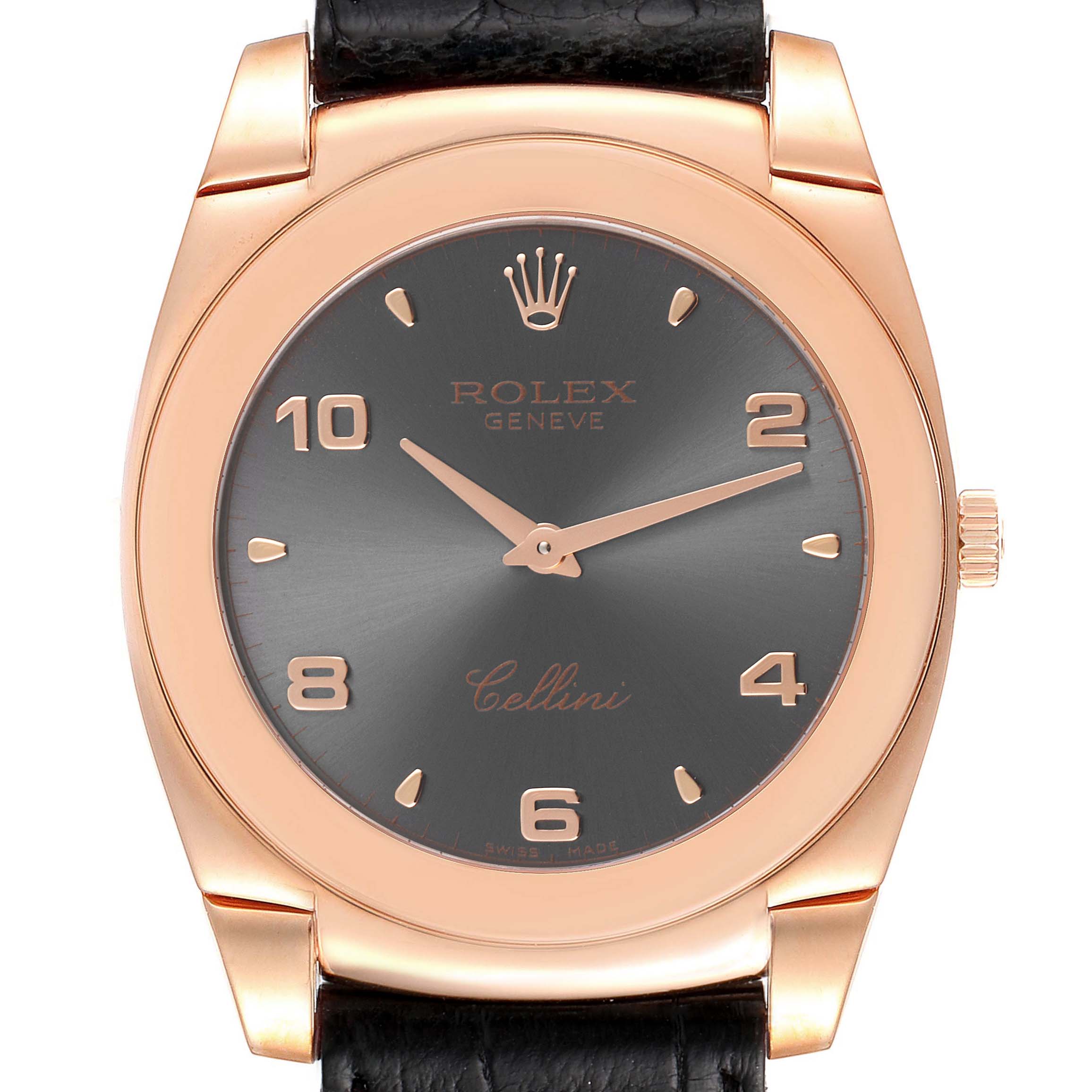 The image shows a front view of the Rolex Cellini 5330 Men's Rose Gold Grey Dial 5330 Men's Rose Gold Grey Dial watch, highlighting the dial, hands, crown, and part of the leather strap.