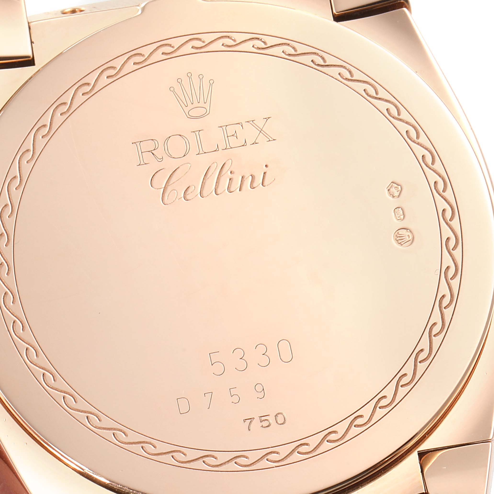 The image shows the case back of a Rolex Cellini 5330 Men's Rose Gold Grey Dial 5330 Men's Rose Gold Grey Dial watch, displaying the model number and engravings.