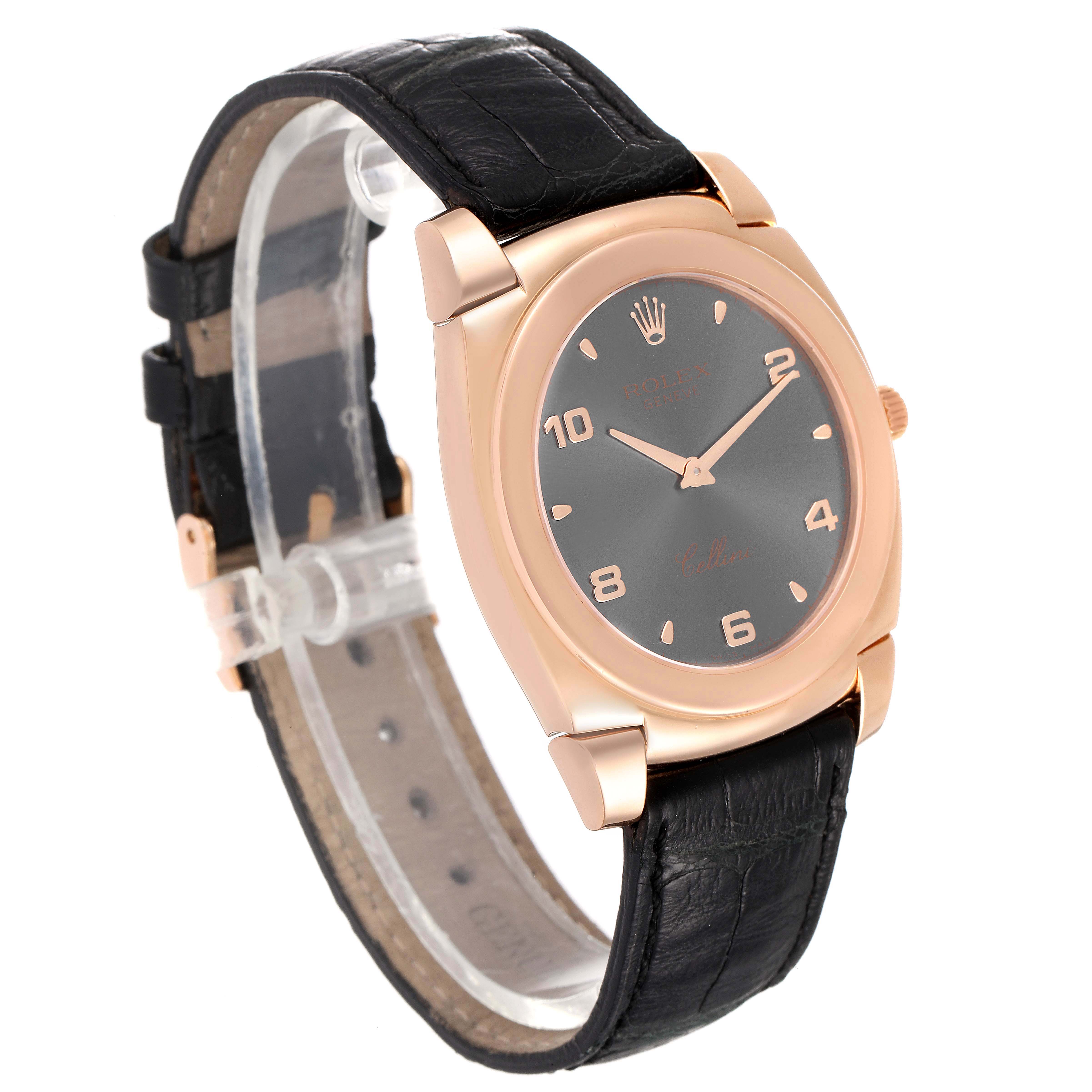 The Rolex Cellini 5330 Men's Rose Gold Grey Dial 5330 Men's Rose Gold Grey Dial watch is shown at a slight angle, highlighting its face, rose gold case, and black leather strap.
